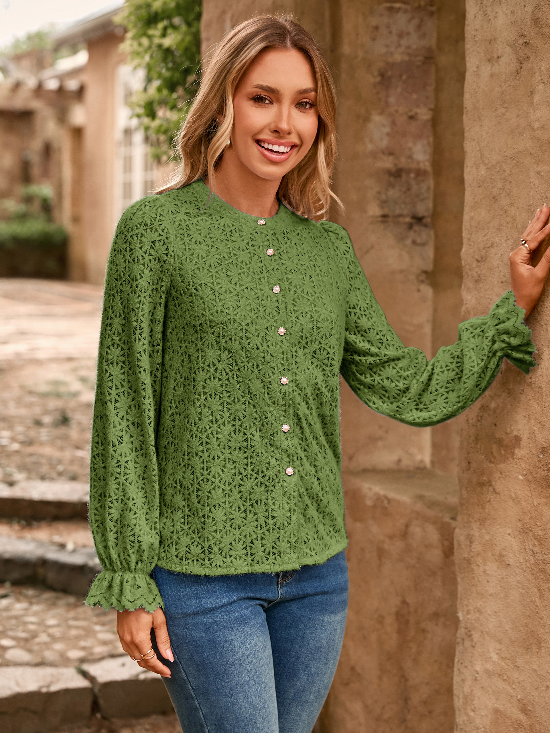 Lace Hollow Out Button Down Dressy Blouses