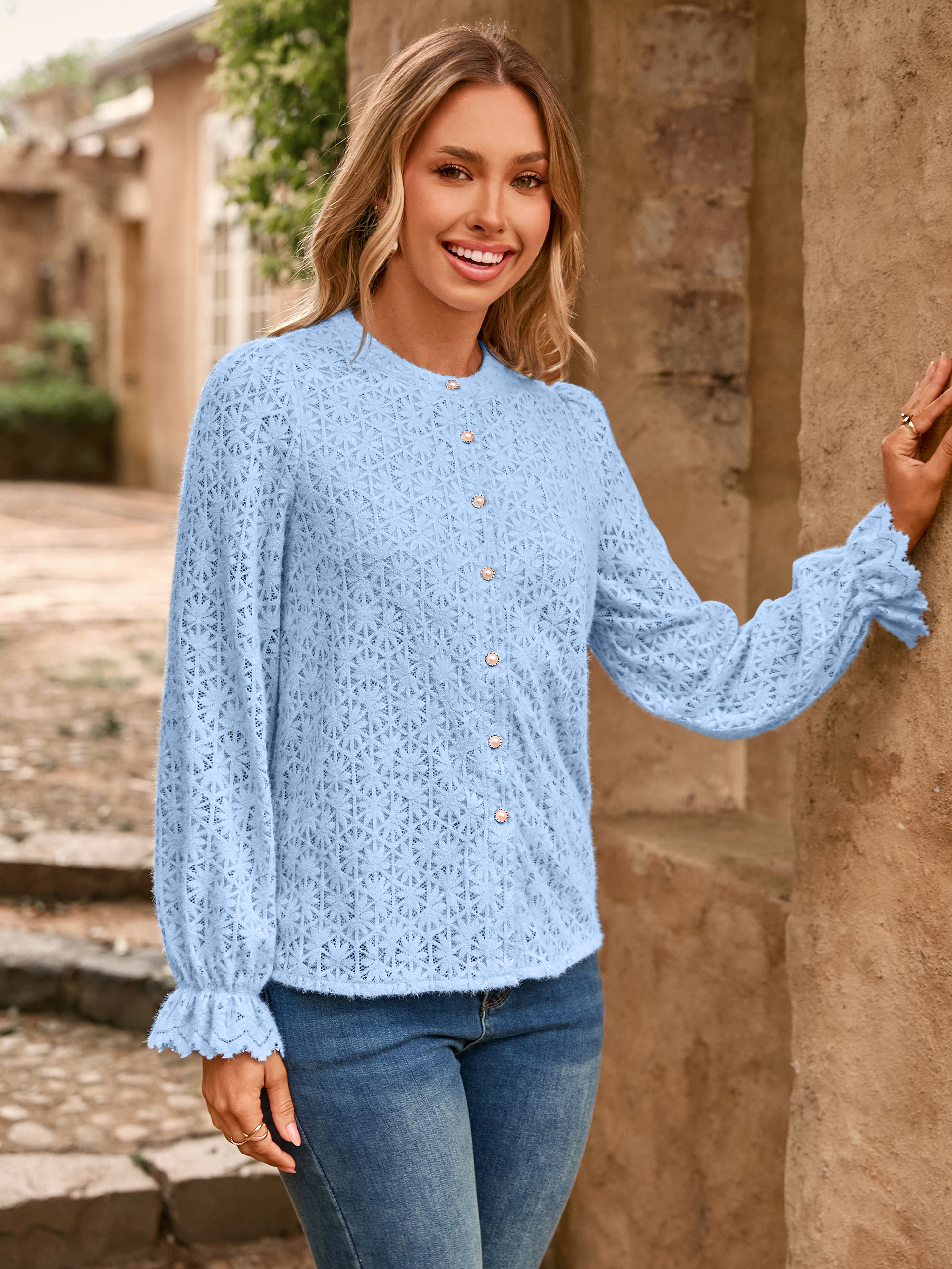 Lace Hollow Out Button Down Dressy Blouses