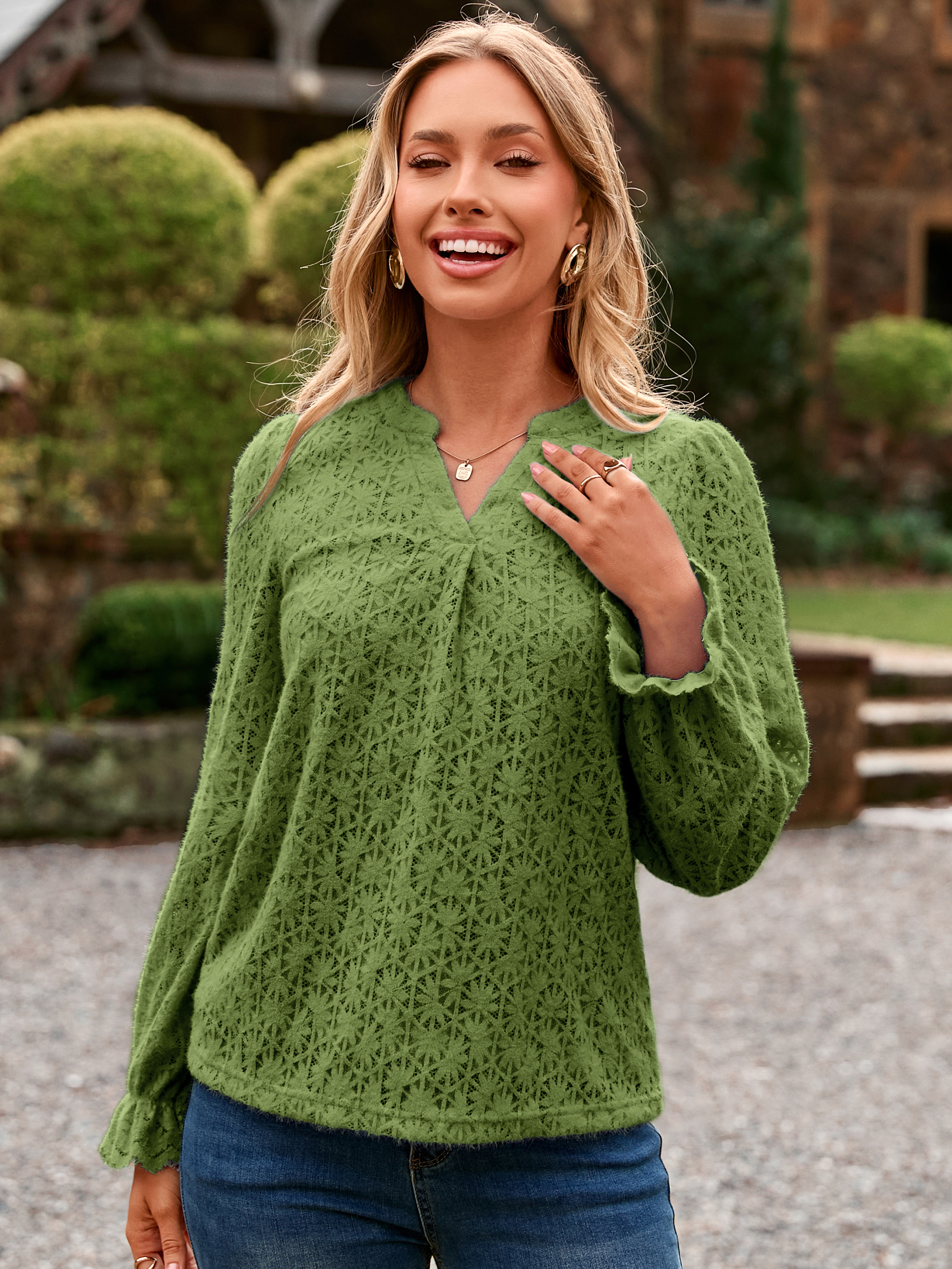 Lace Eyelet V Neck Long Sleeve Top