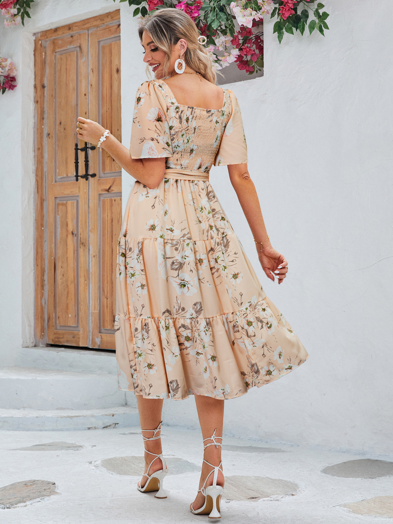 Floral Shirred Ruffle Sleeve Tie Waist Midi Dress - Light Pink