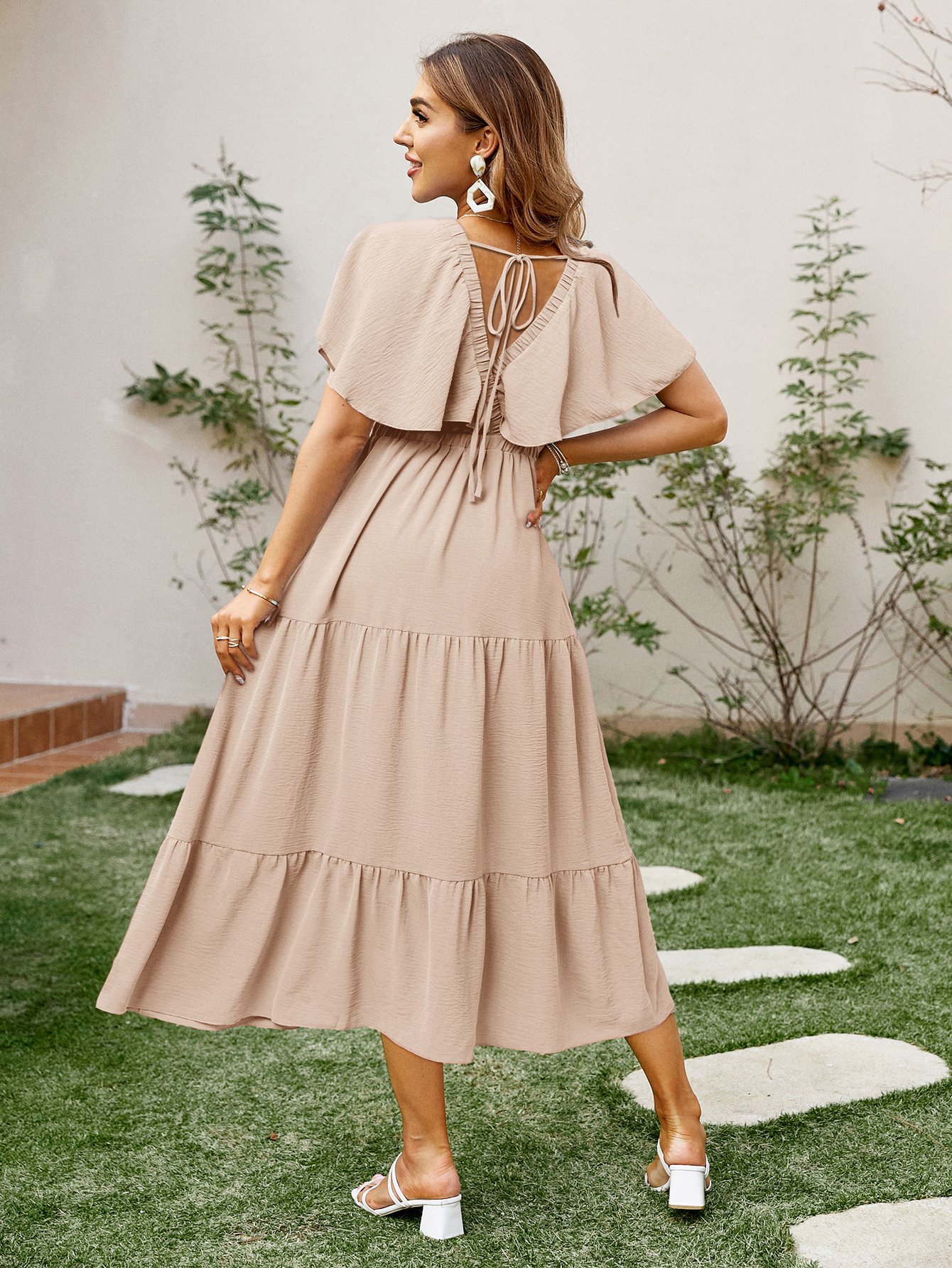 Solid Color Tiered V-Neck Ruffle Sleeve Maxi Dress