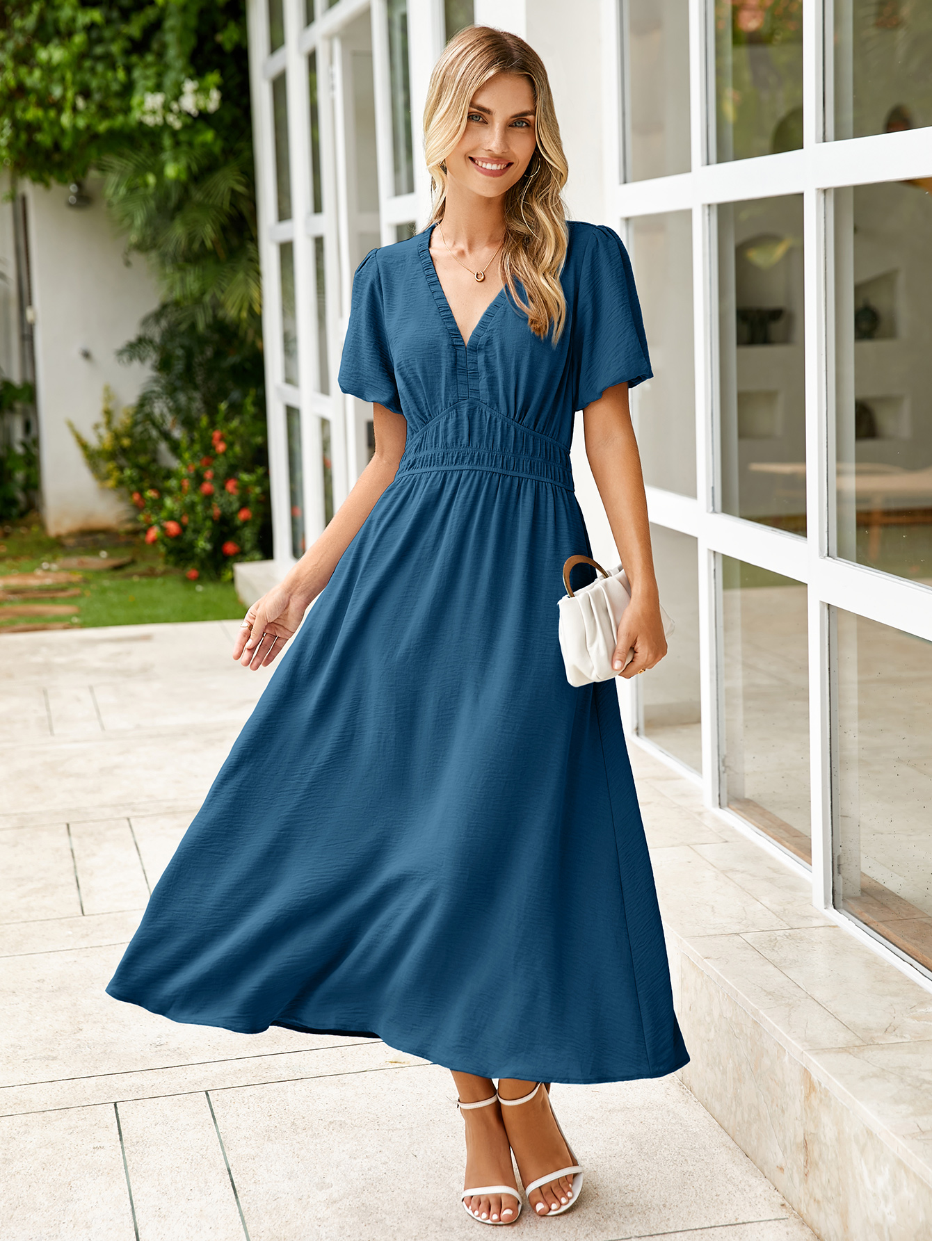 Boho Puff Sleeve Flowy Wedding Guest Maxi Dress - Deep Blue