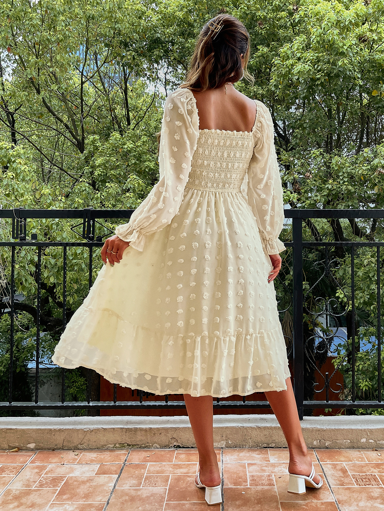 Square Neck Swiss Dot Long Sleeve Shirred Midi Dress - Beige