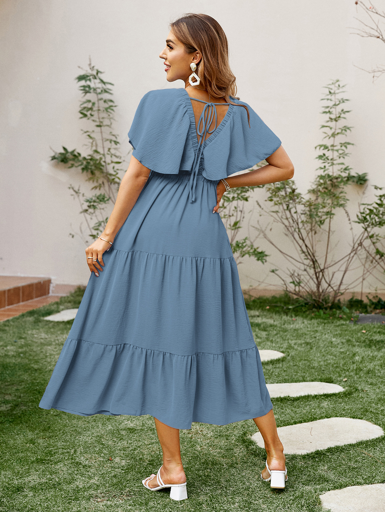 Solid Color Tiered V-Neck Ruffle Sleeve Maxi Dress