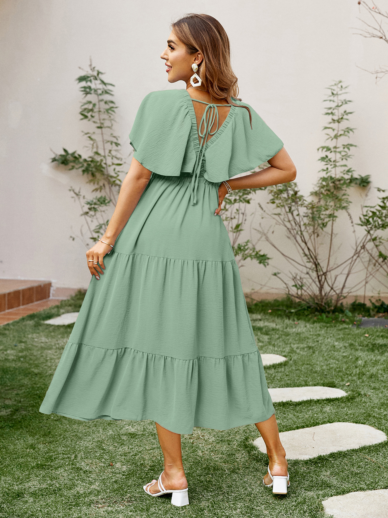Solid Color Tiered V-Neck Ruffle Sleeve Maxi Dress