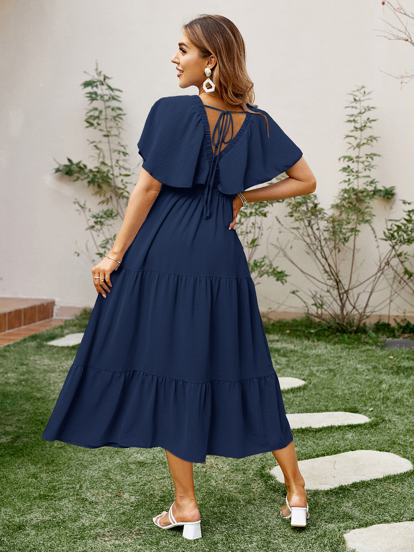 Solid Color Tiered V-Neck Ruffle Sleeve Maxi Dress