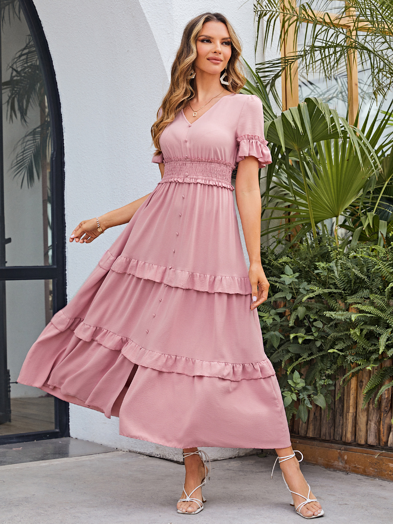 Short Sleeve Tiered Ruffle Smocked V-Neck Maxi Dress