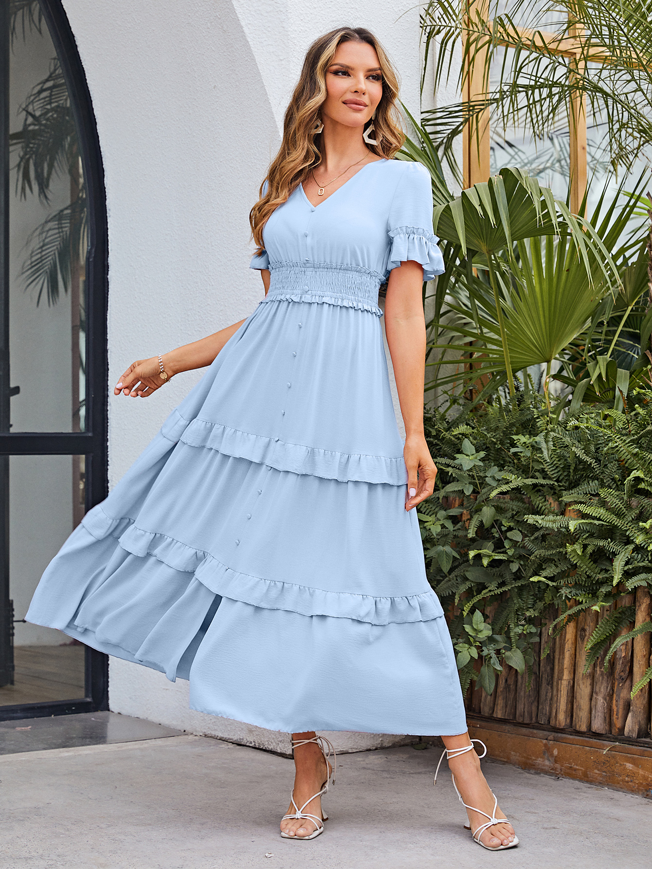 Short Sleeve Tiered Ruffle Smocked V-Neck Maxi Dress
