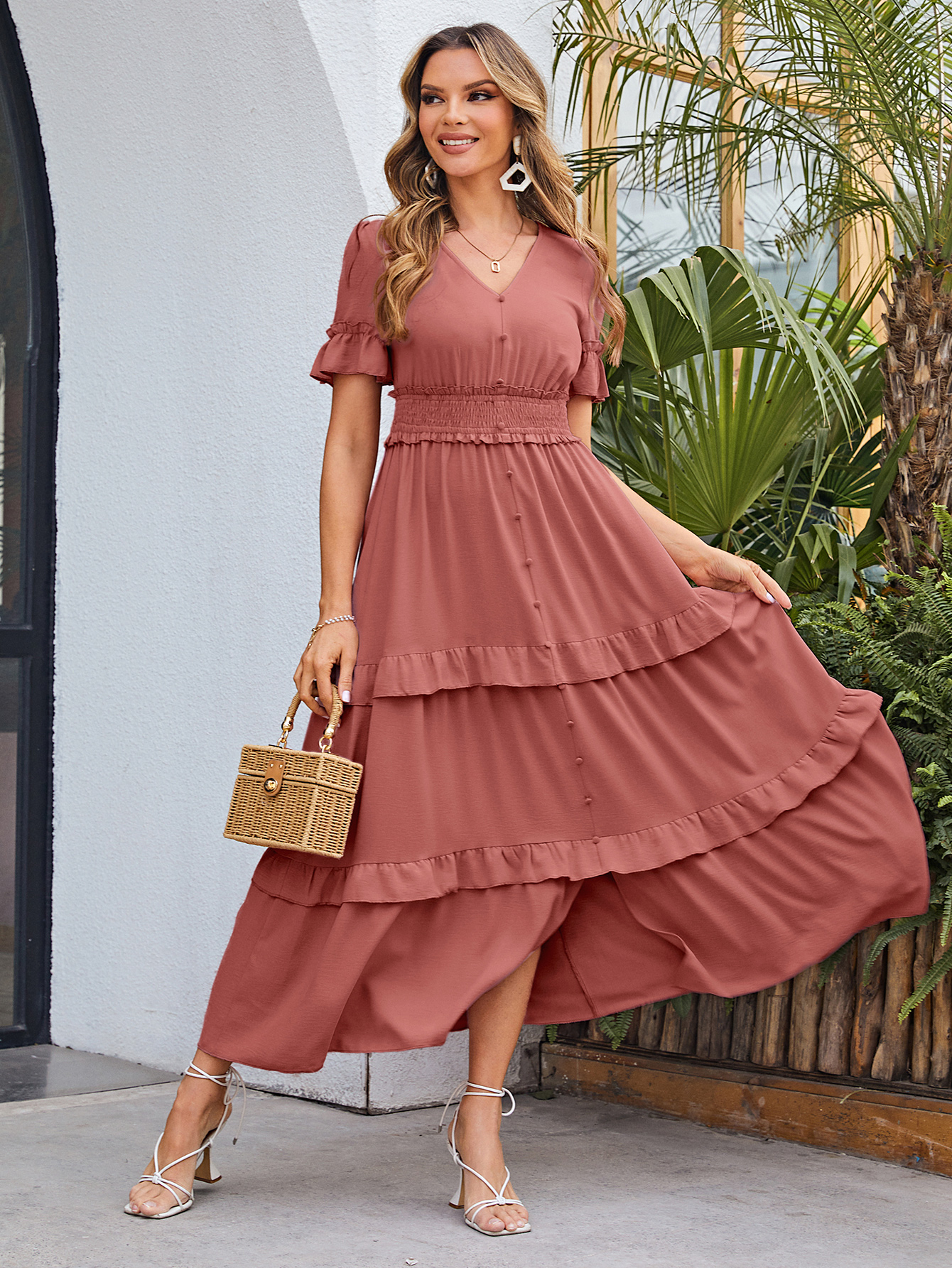 Short Sleeve Tiered Ruffle Smocked V-Neck Maxi Dress