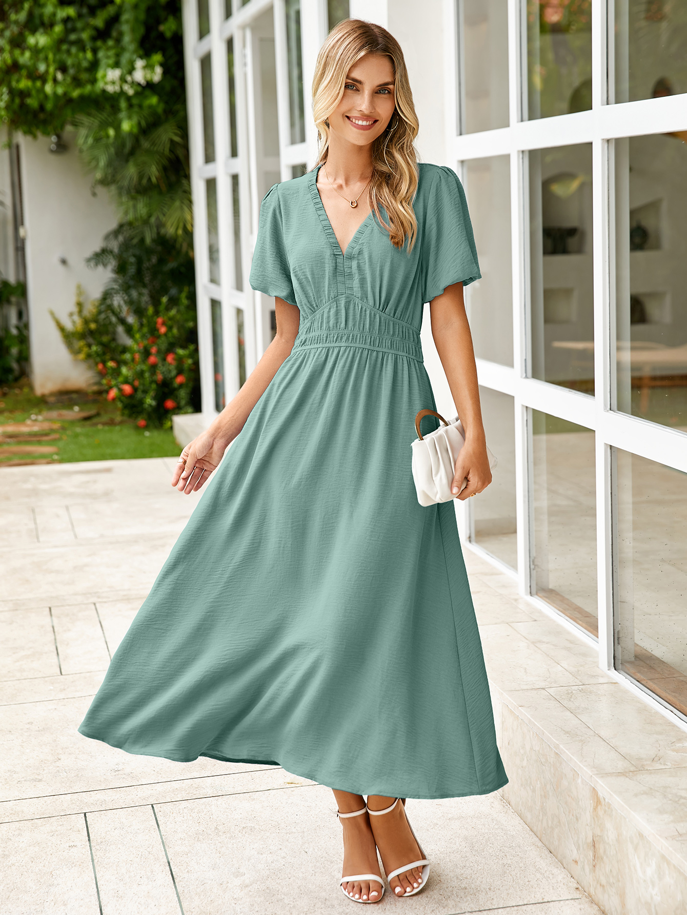 Boho Puff Sleeve Flowy Wedding Guest Maxi Dress - Blue Green