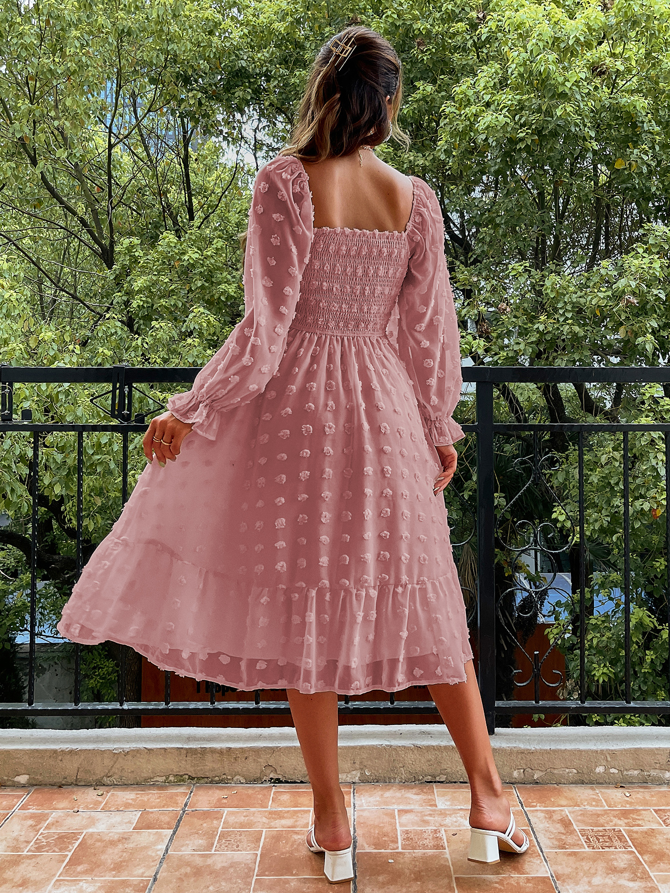 Square Neck Swiss Dot Long Sleeve Shirred Midi Dress - Pink