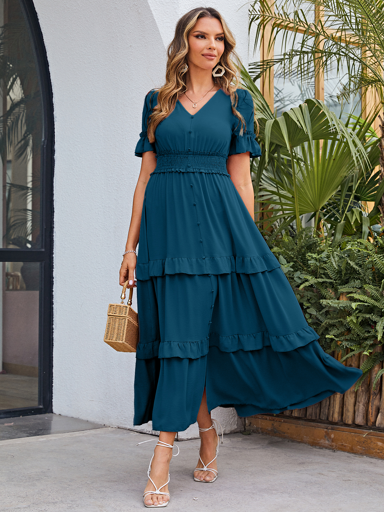 Short Sleeve Tiered Ruffle Smocked V-Neck Maxi Dress