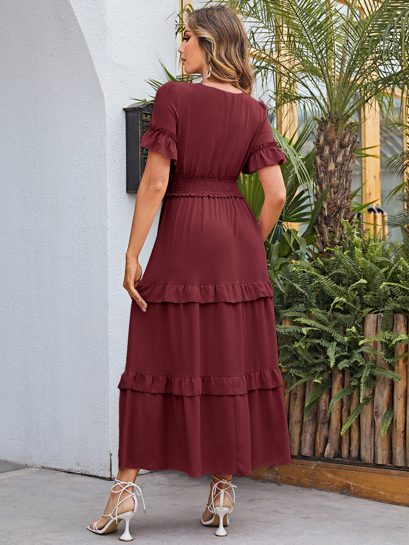 Short Sleeve Tiered Ruffle Smocked V-Neck Maxi Dress