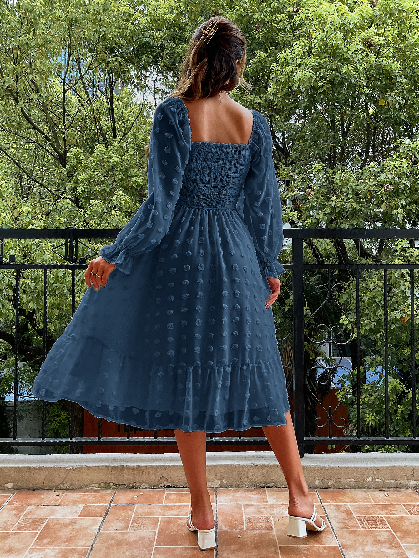 Square Neck Swiss Dot Long Sleeve Shirred Midi Dress - Blue Grey