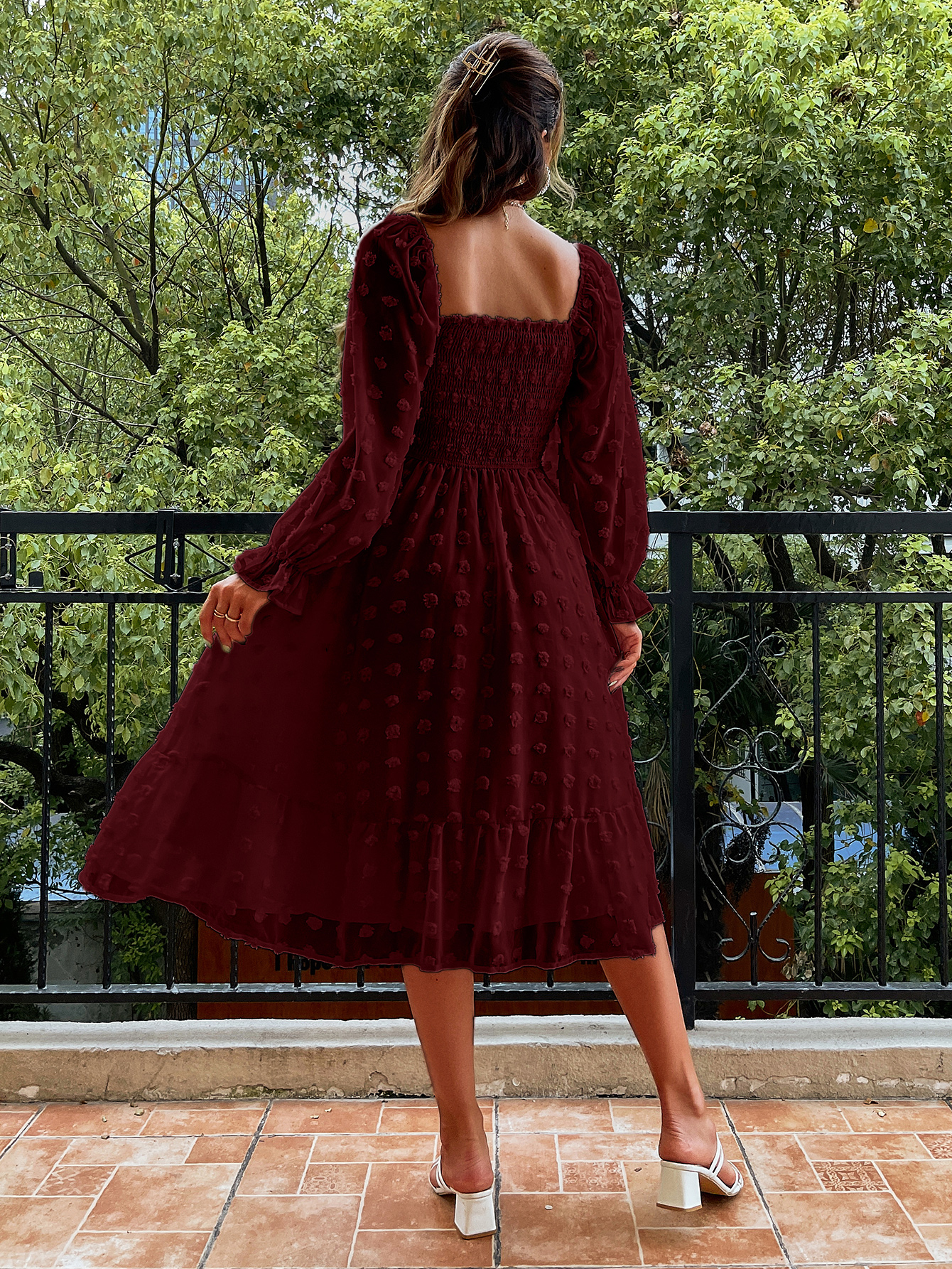 Square Neck Swiss Dot Long Sleeve Shirred Midi Dress - Wine Red