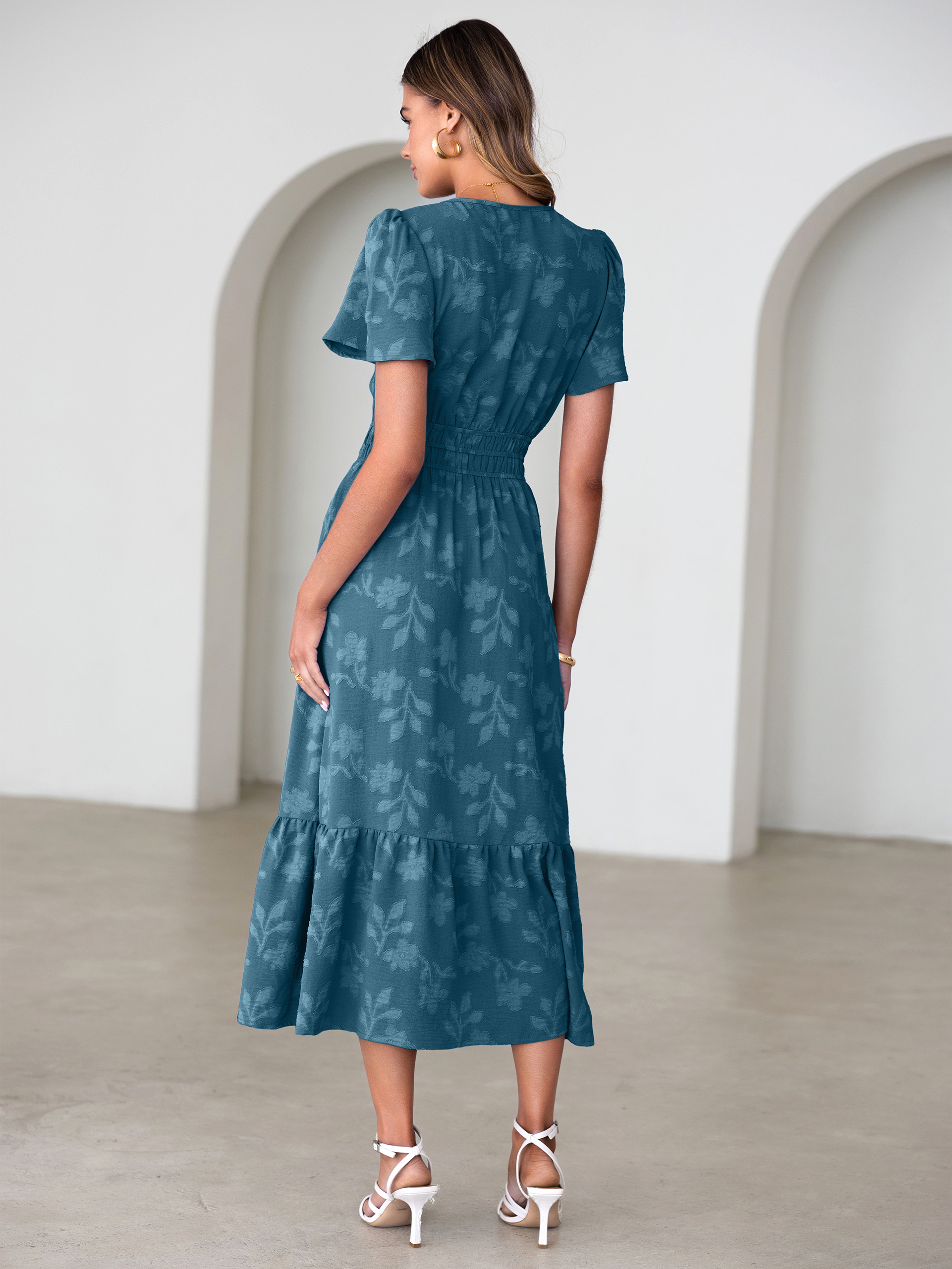 V Neck Burnout Floral Ruffle Maxi Dress