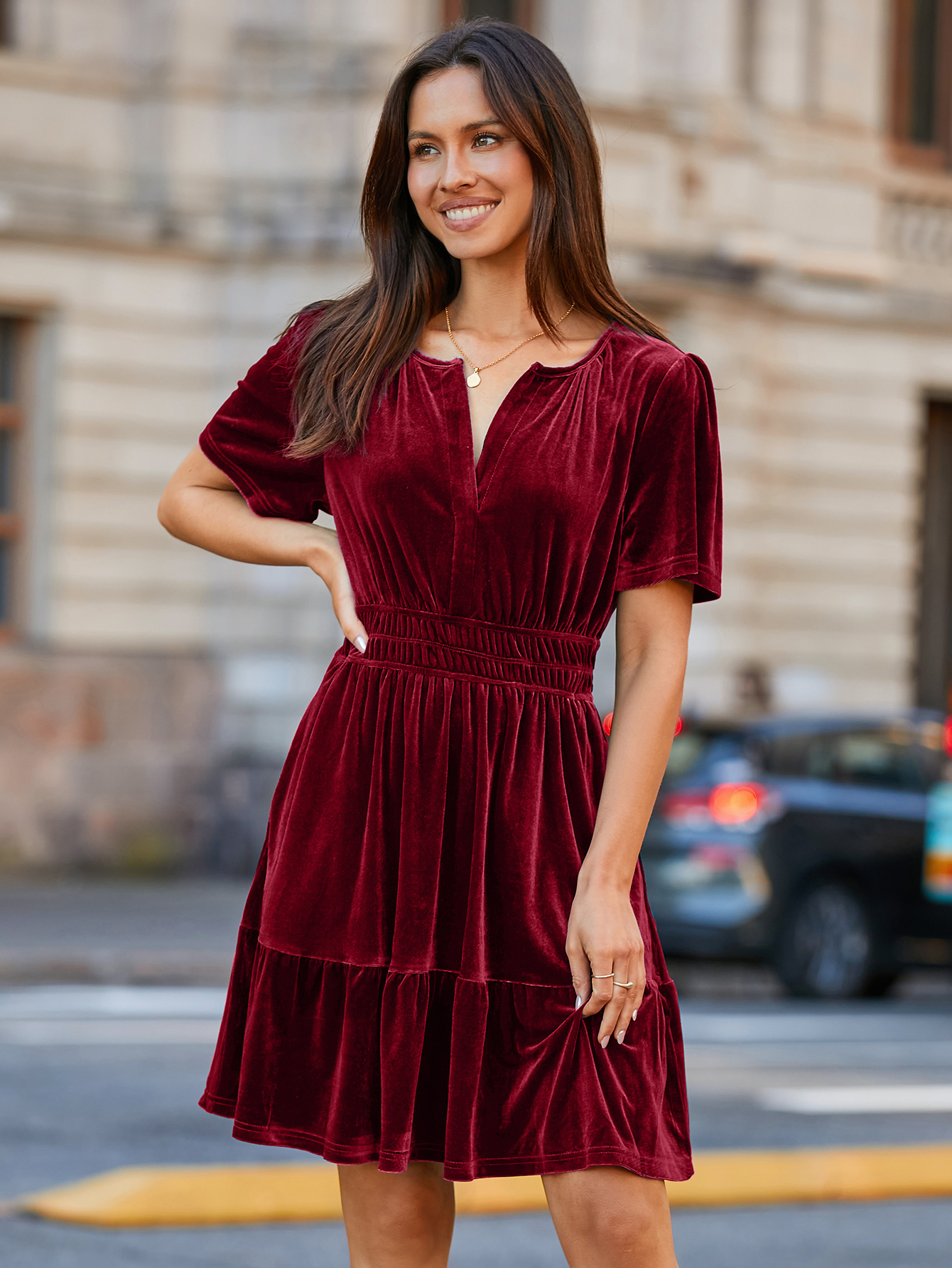 Glossy Velvet Cocktail Mini Dresses with Pockets