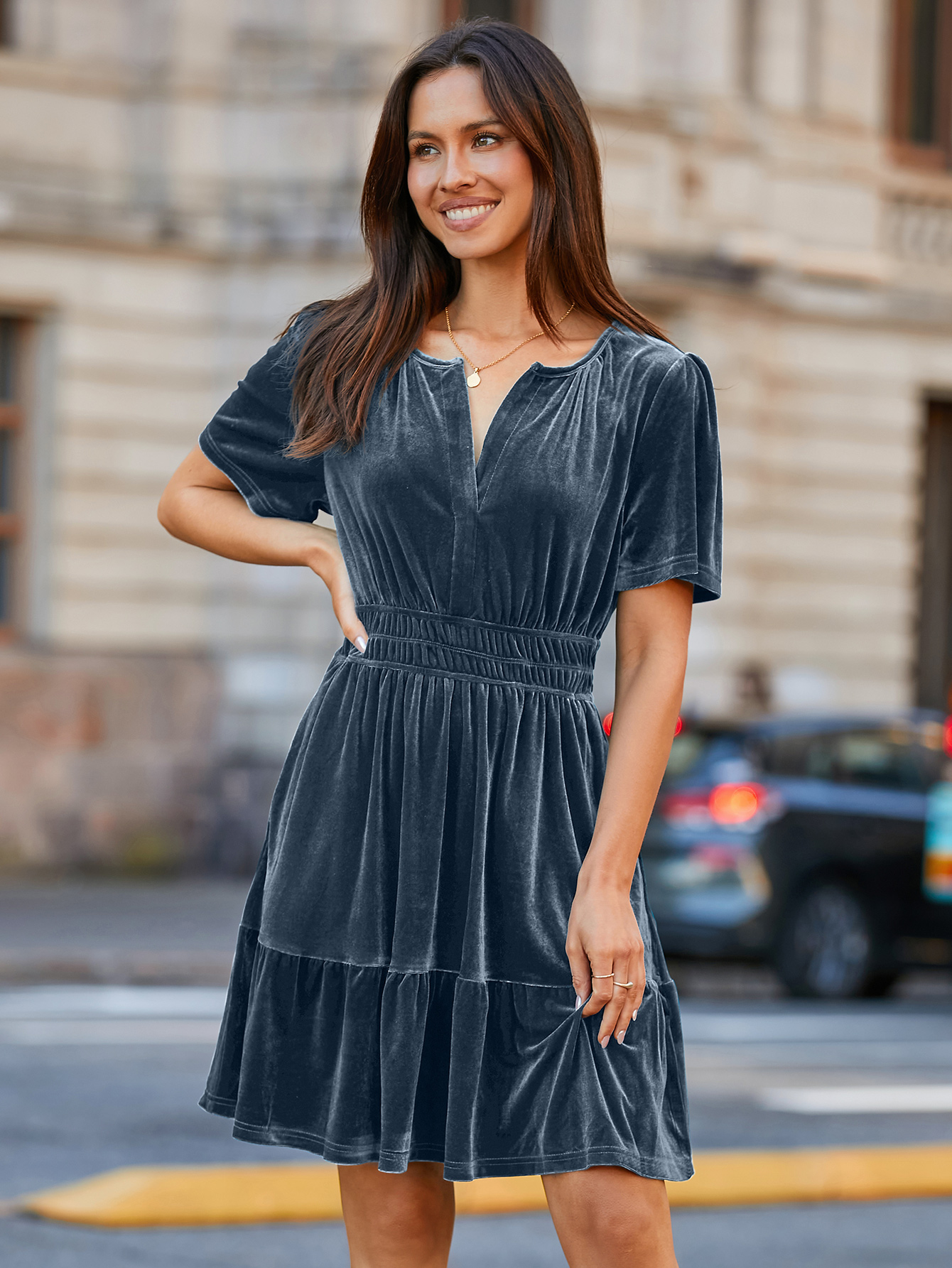 Glossy Velvet Cocktail Mini Dresses with Pockets