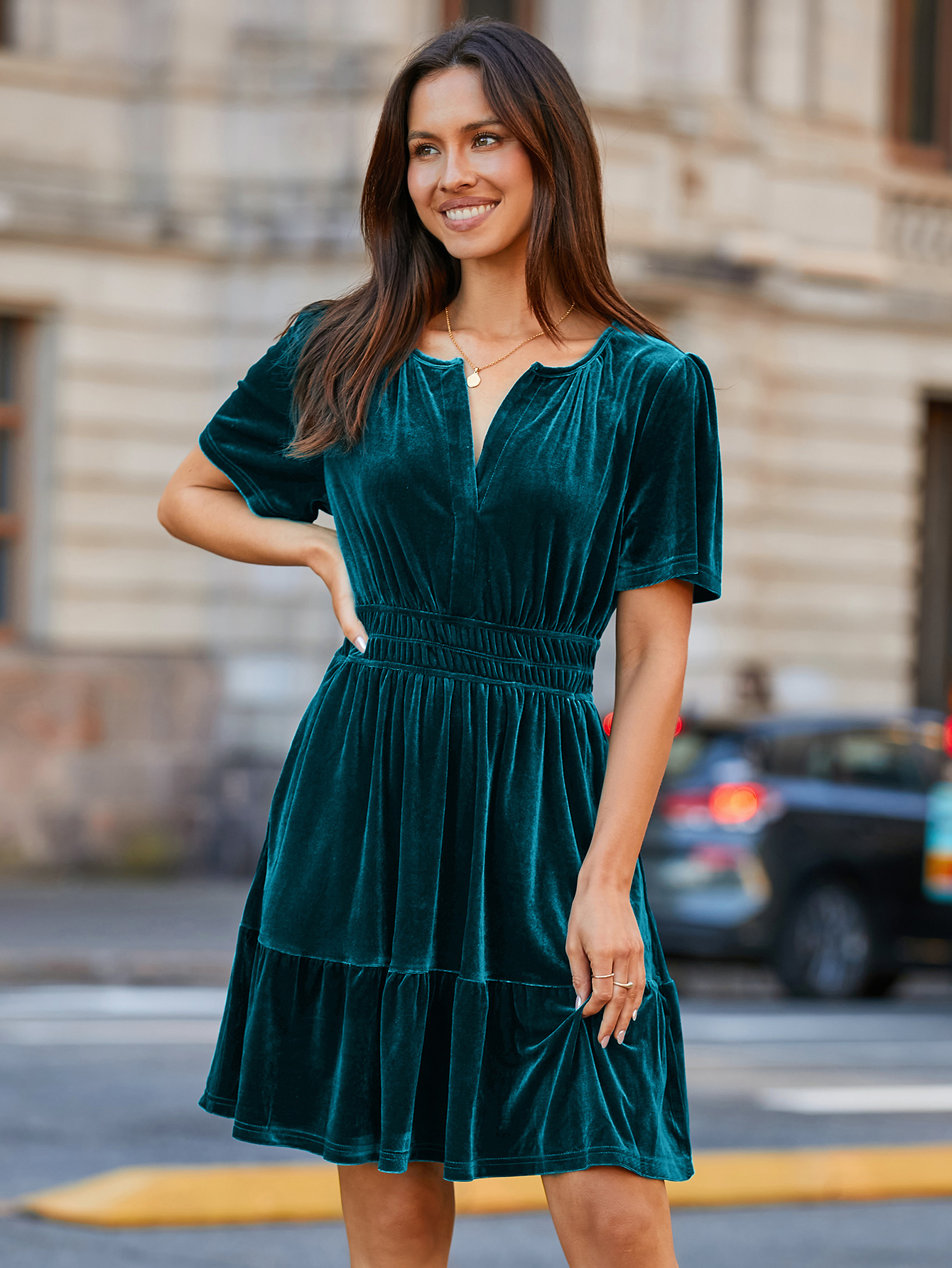 Glossy Velvet Cocktail Mini Dresses with Pockets