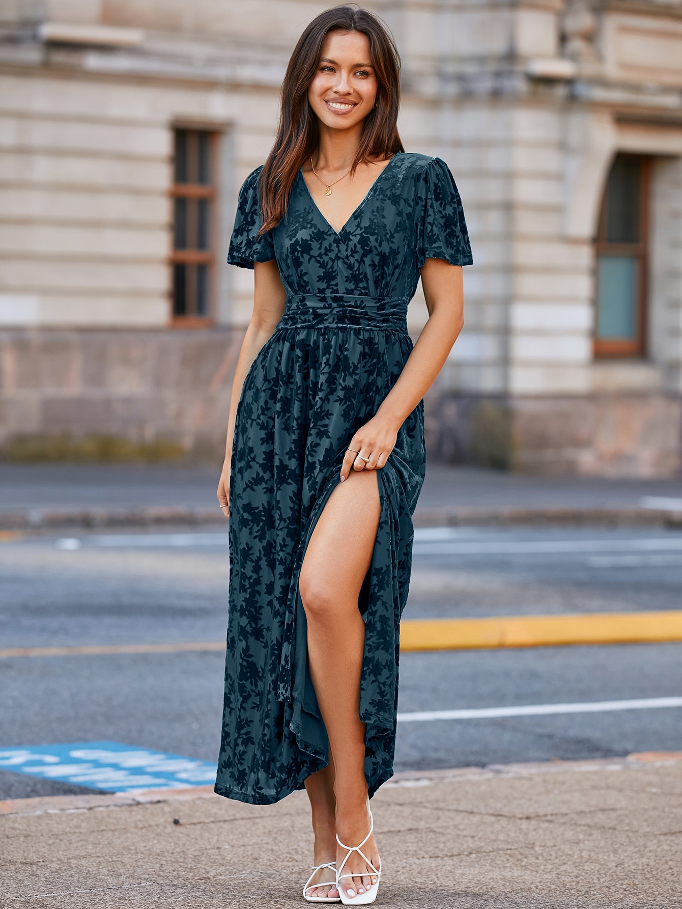 Velvet Floral Slit V-Neck Flutter Sleeve Maxi Dress - Dark Blue