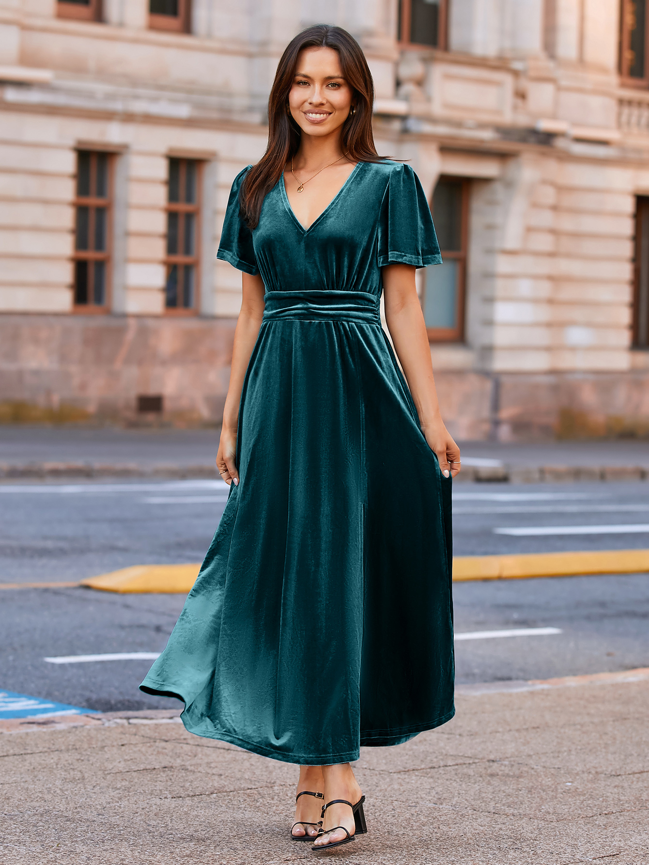 Elegant Velvet V-Neck Slit Ruffle Sleeve Maxi Dress