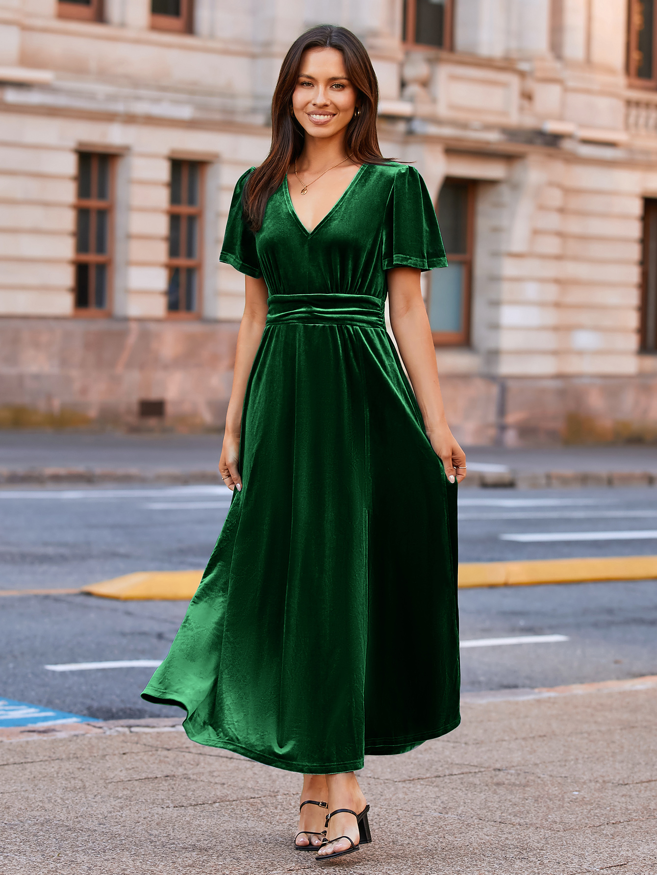 Elegant Velvet V-Neck Slit Ruffle Sleeve Maxi Dress