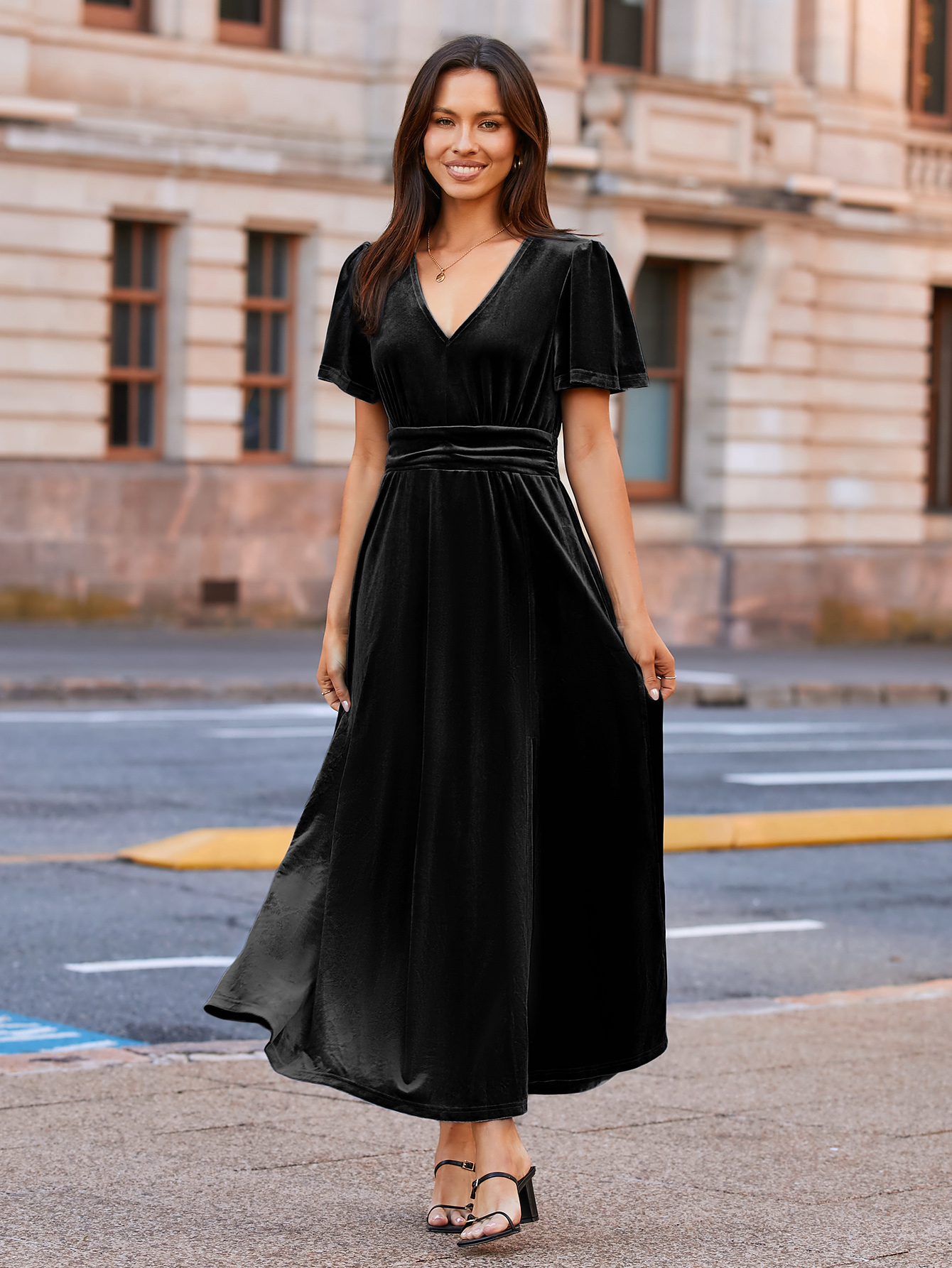 Elegant Velvet V-Neck Slit Ruffle Sleeve Maxi Dress