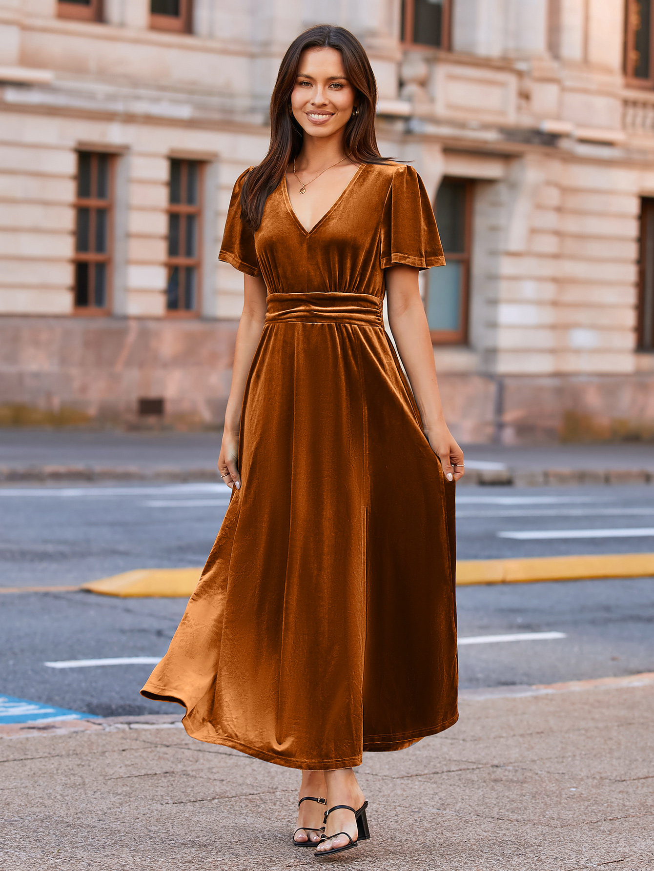 Elegant Velvet V-Neck Slit Ruffle Sleeve Maxi Dress