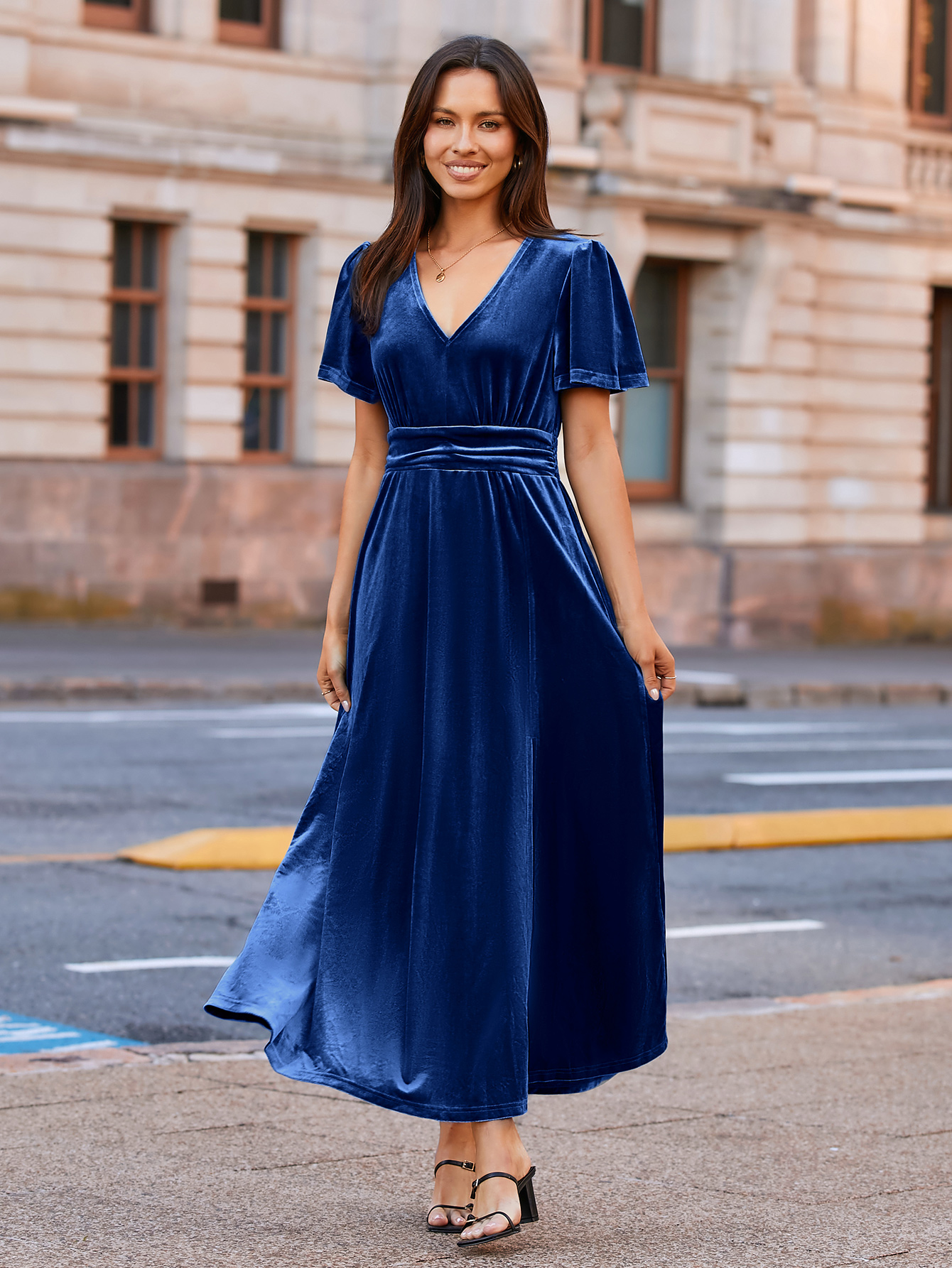 Elegant Velvet V-Neck Slit Ruffle Sleeve Maxi Dress