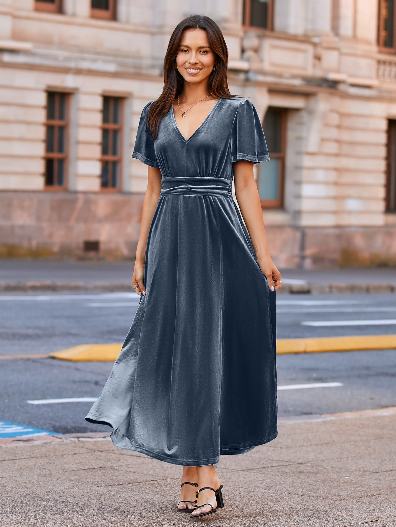 Elegant Velvet V-Neck Slit Ruffle Sleeve Maxi Dress