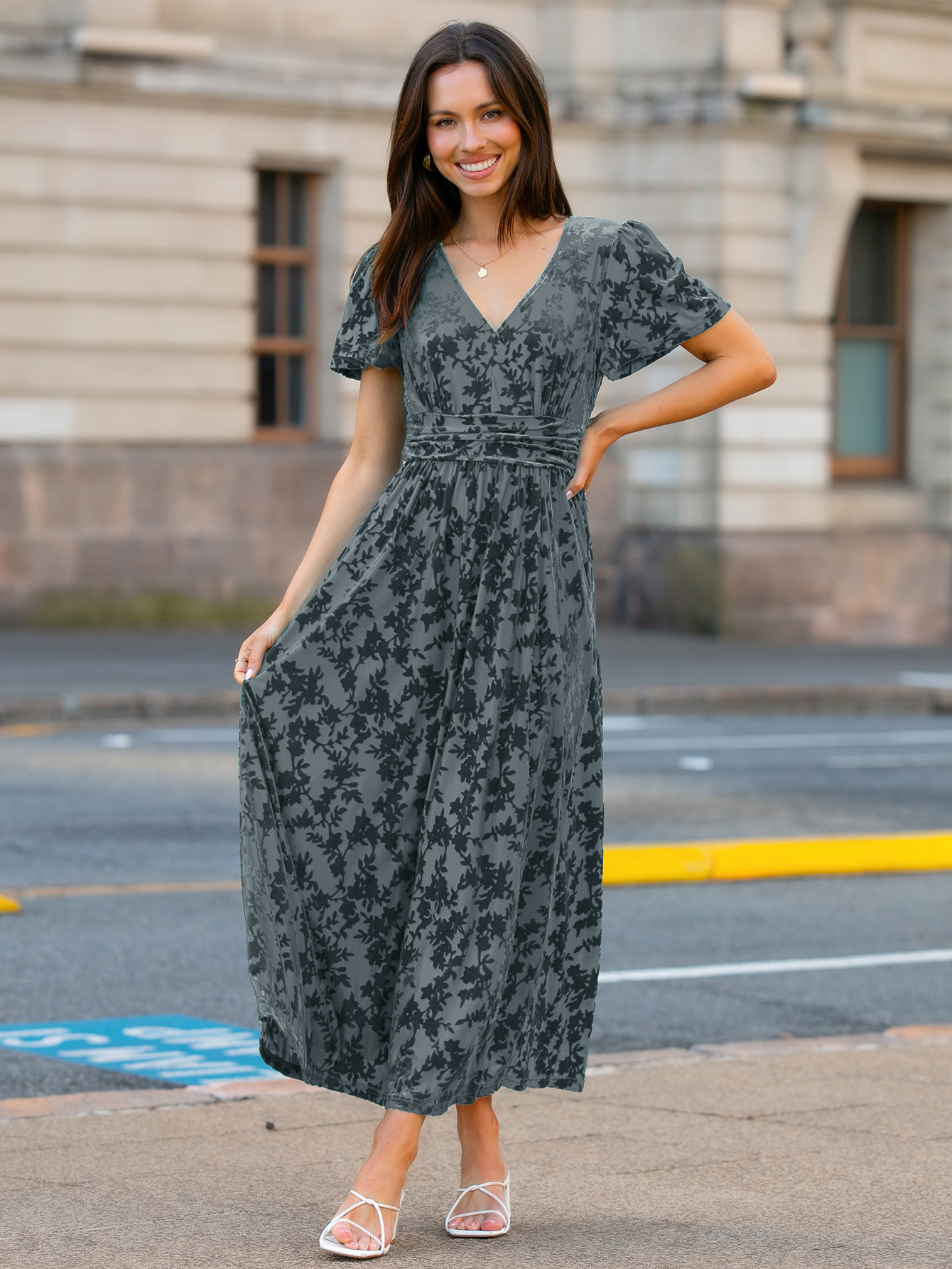 Velvet Floral Slit V-Neck Flutter Sleeve Maxi Dress - Dusty Blue
