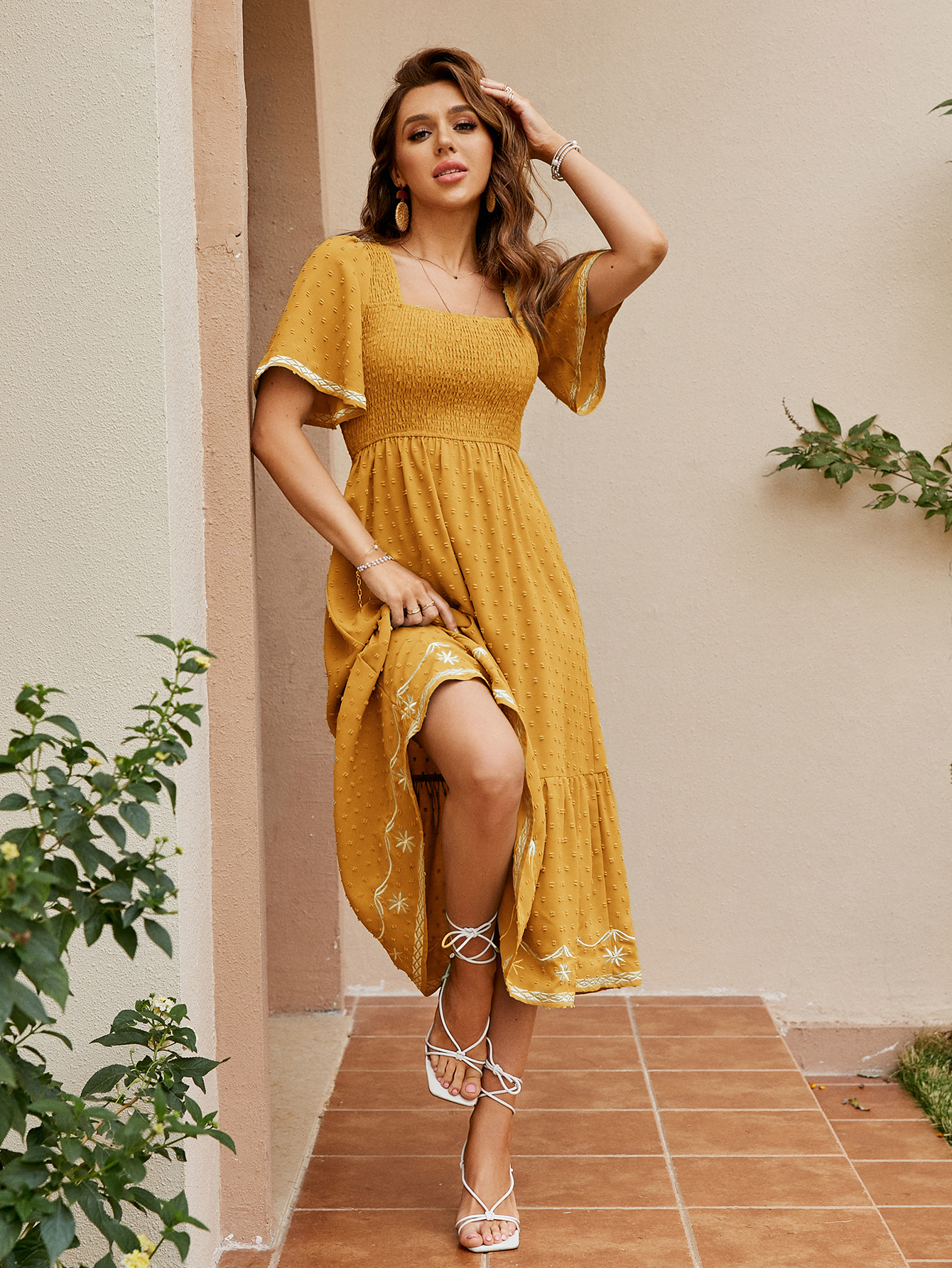 Square Neck Smocked Ruffle A Line Maxi Dress