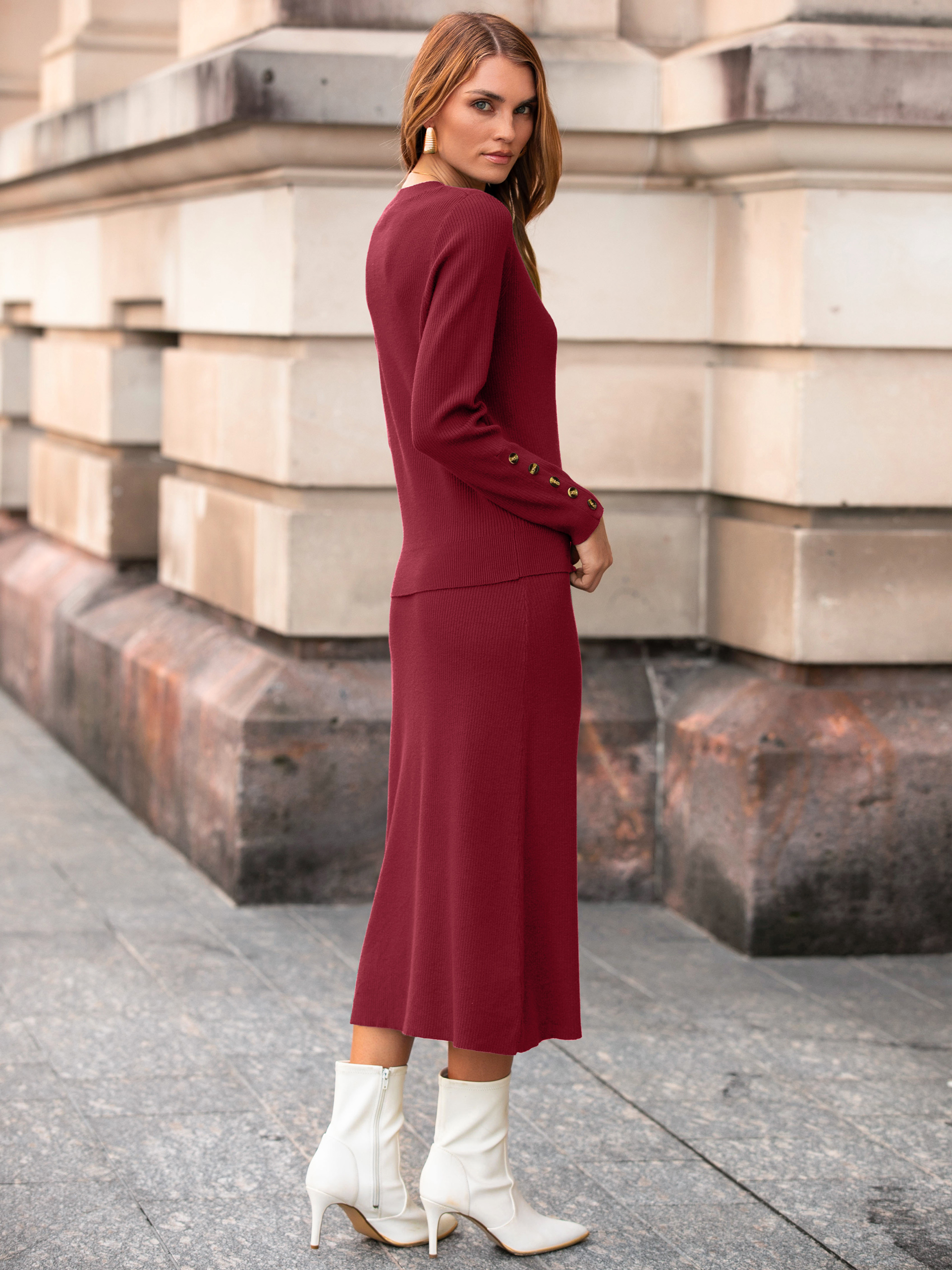 Ribbed Knit Crewneck Sweater Midi Skirt Set