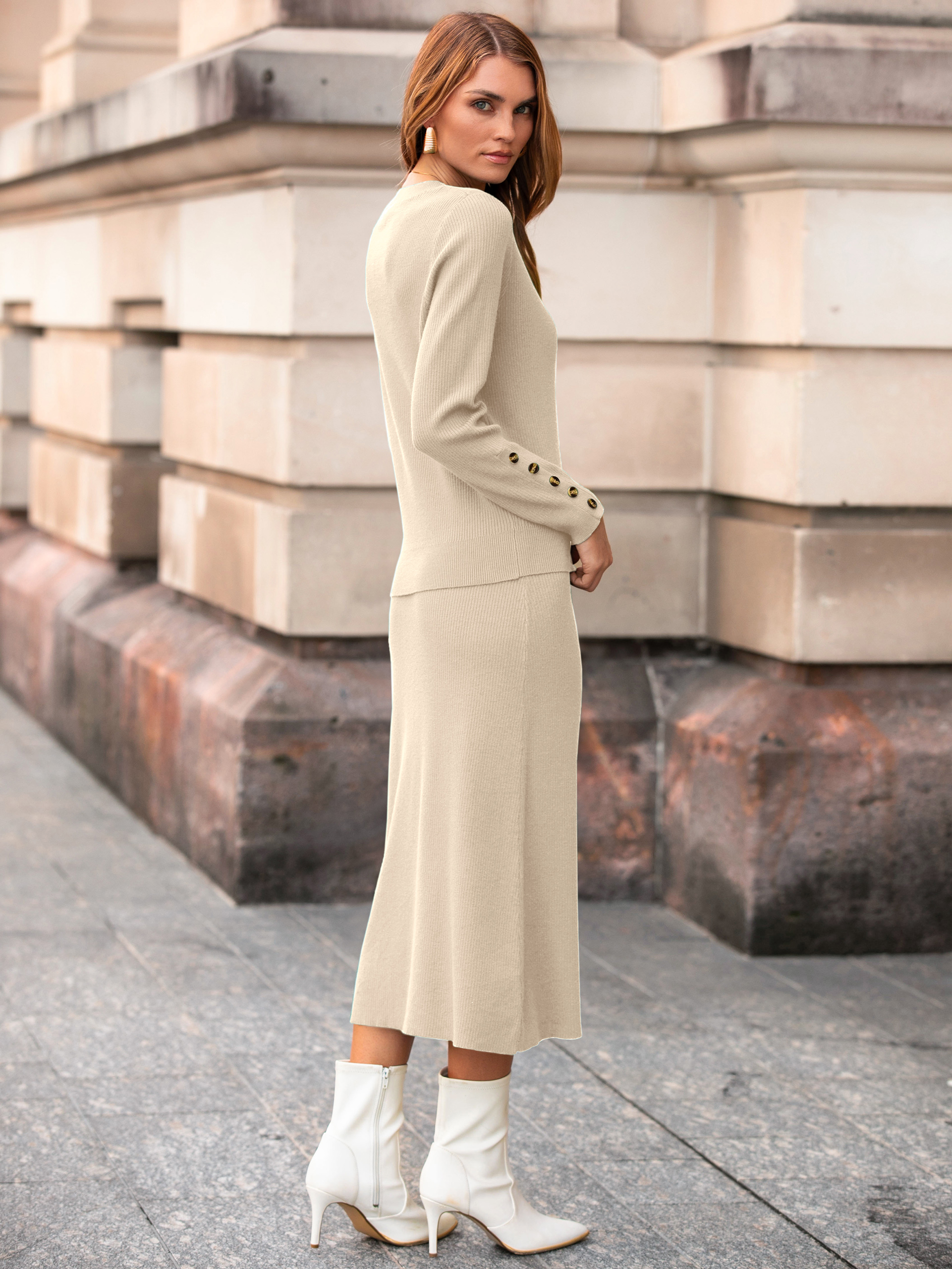 Ribbed Knit Crewneck Sweater Midi Skirt Set