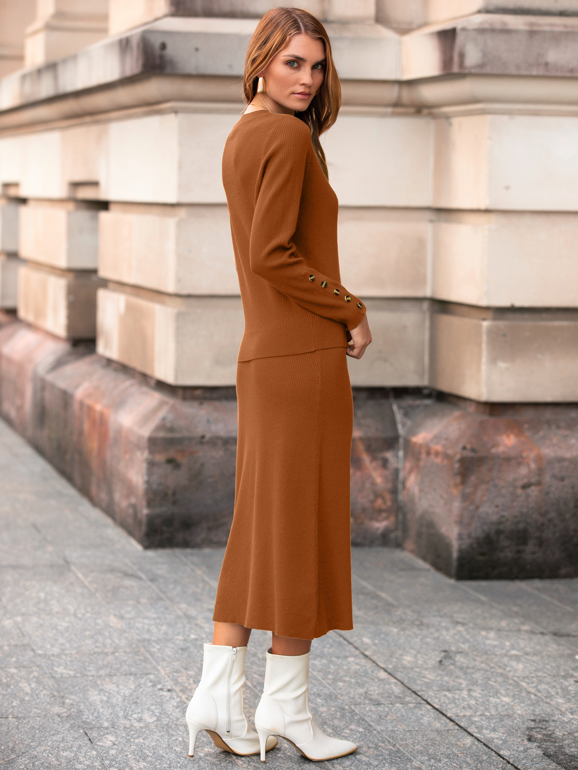 Ribbed Knit Crewneck Sweater Midi Skirt Set