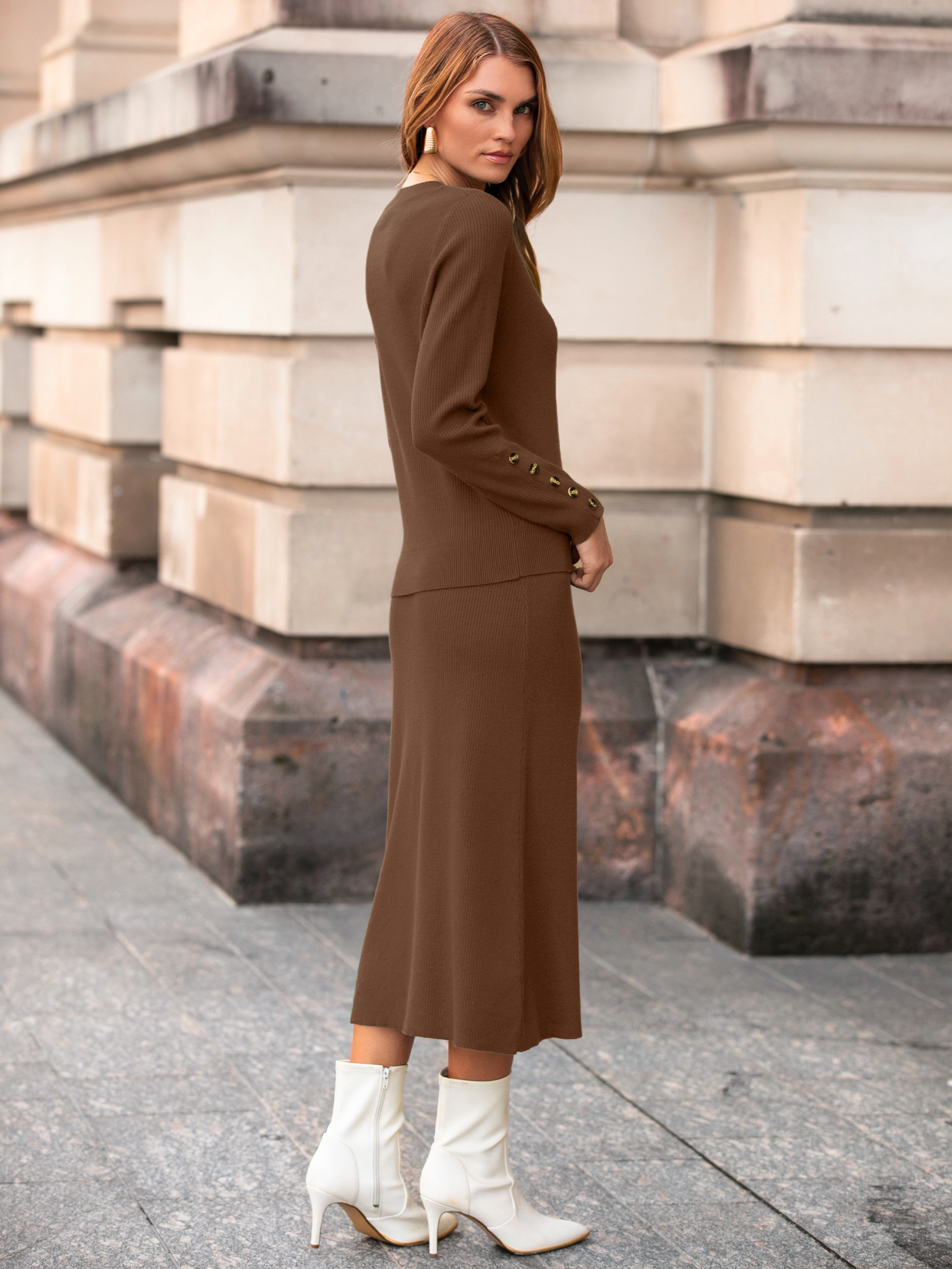 Ribbed Knit Crewneck Sweater Midi Skirt Set