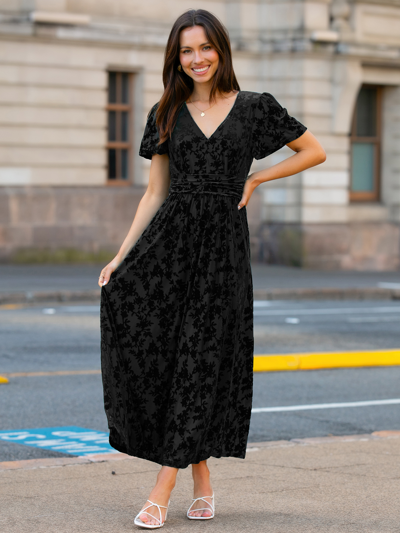 Velvet Floral Slit V-Neck Flutter Sleeve Maxi Dress - Black