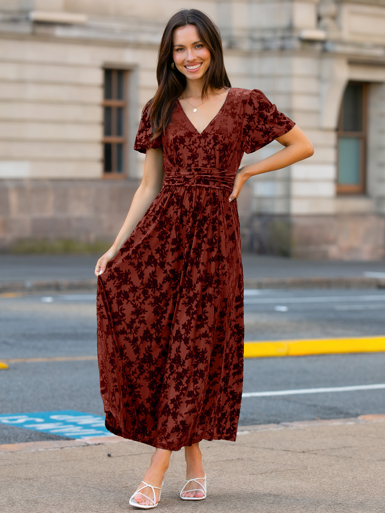 Velvet Floral Slit V-Neck Flutter Sleeve Maxi Dress - Rust
