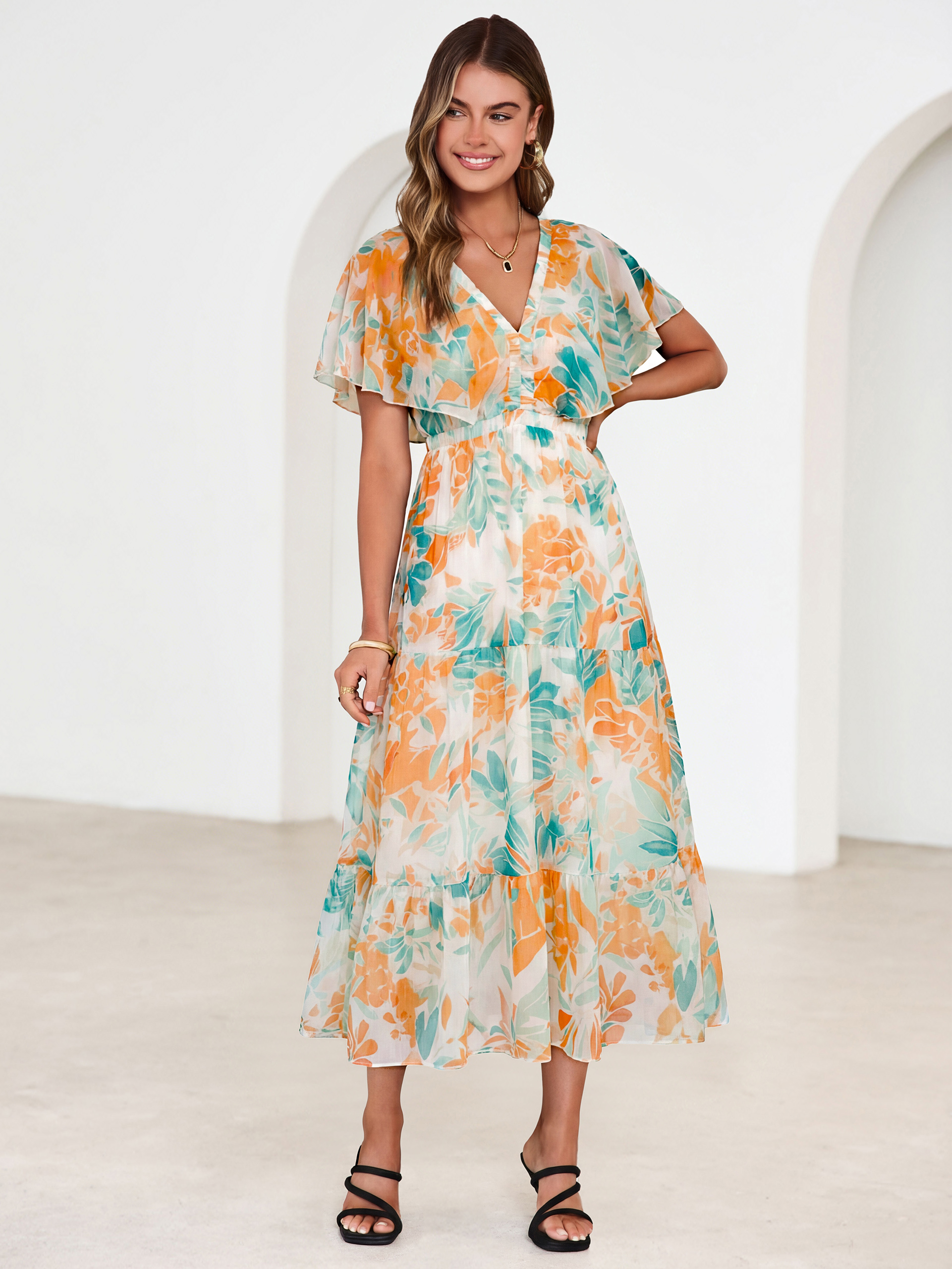 Floral V Neck Ruffle Sleeve Backless Maxi Dress
