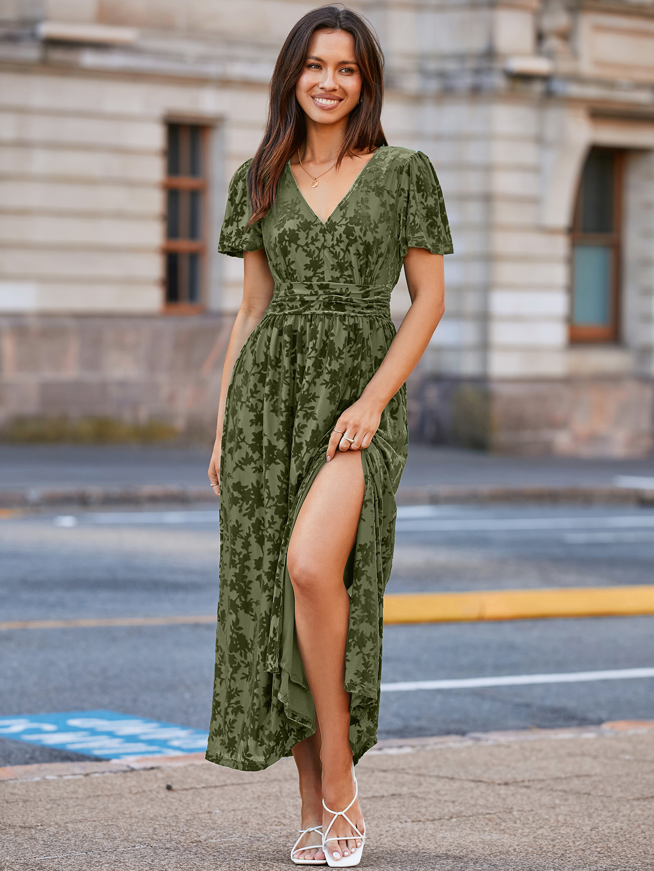 Velvet Floral Slit V-Neck Flutter Sleeve Maxi Dress - Army Green