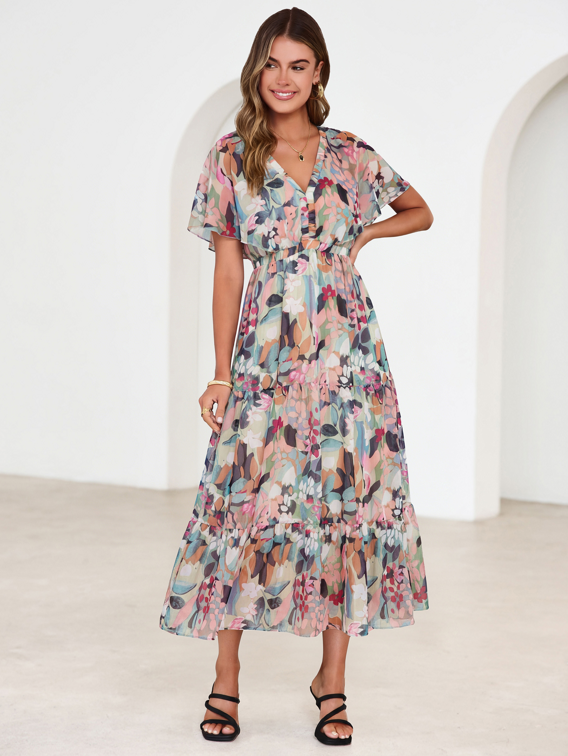 Floral V Neck Ruffle Sleeve Backless Maxi Dress