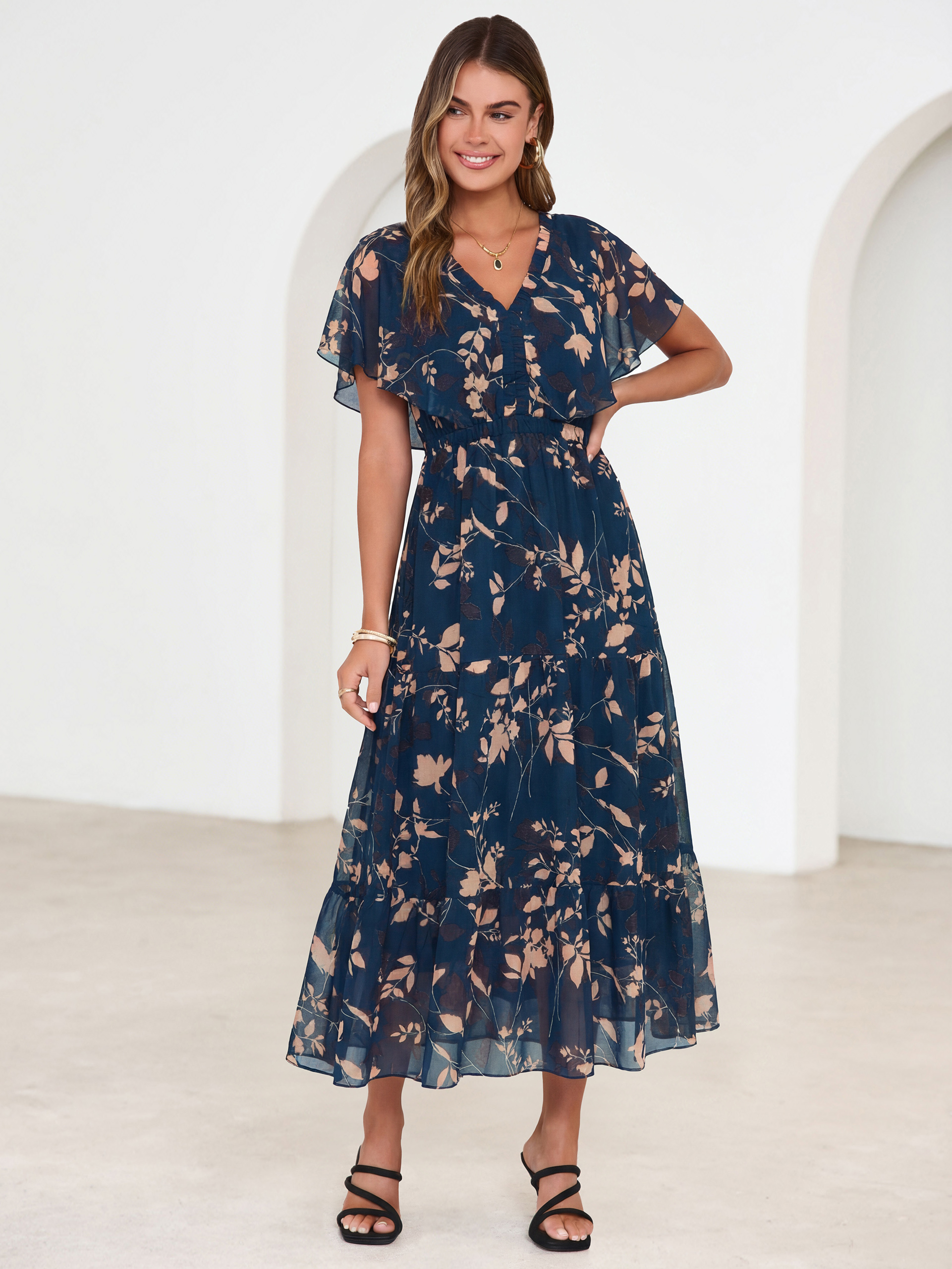 Floral V Neck Ruffle Sleeve Backless Maxi Dress