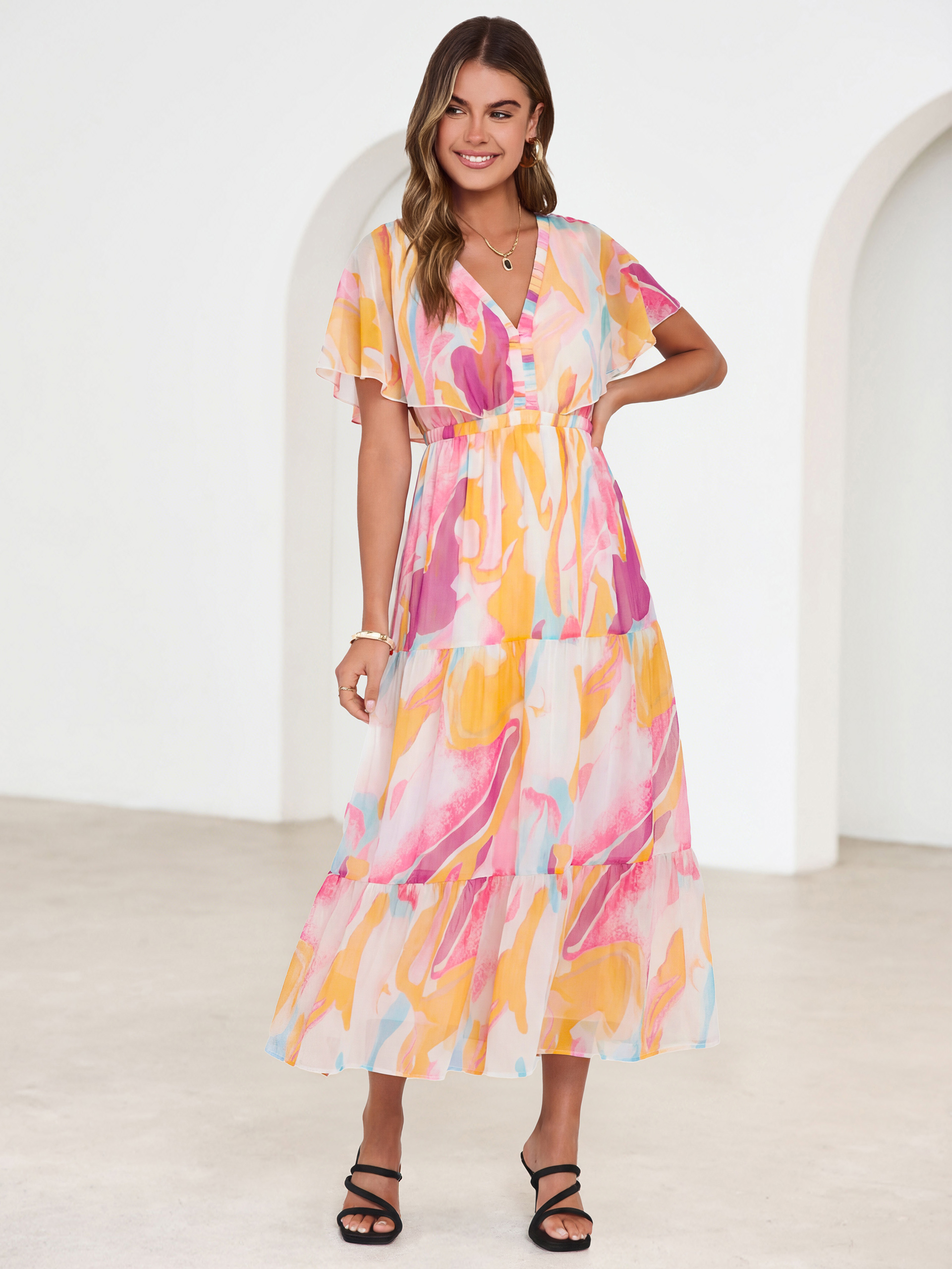Floral V Neck Ruffle Sleeve Backless Maxi Dress
