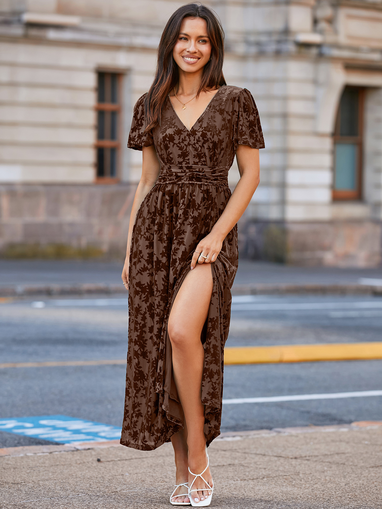 Velvet Floral Slit V-Neck Flutter Sleeve Maxi Dress - Brown