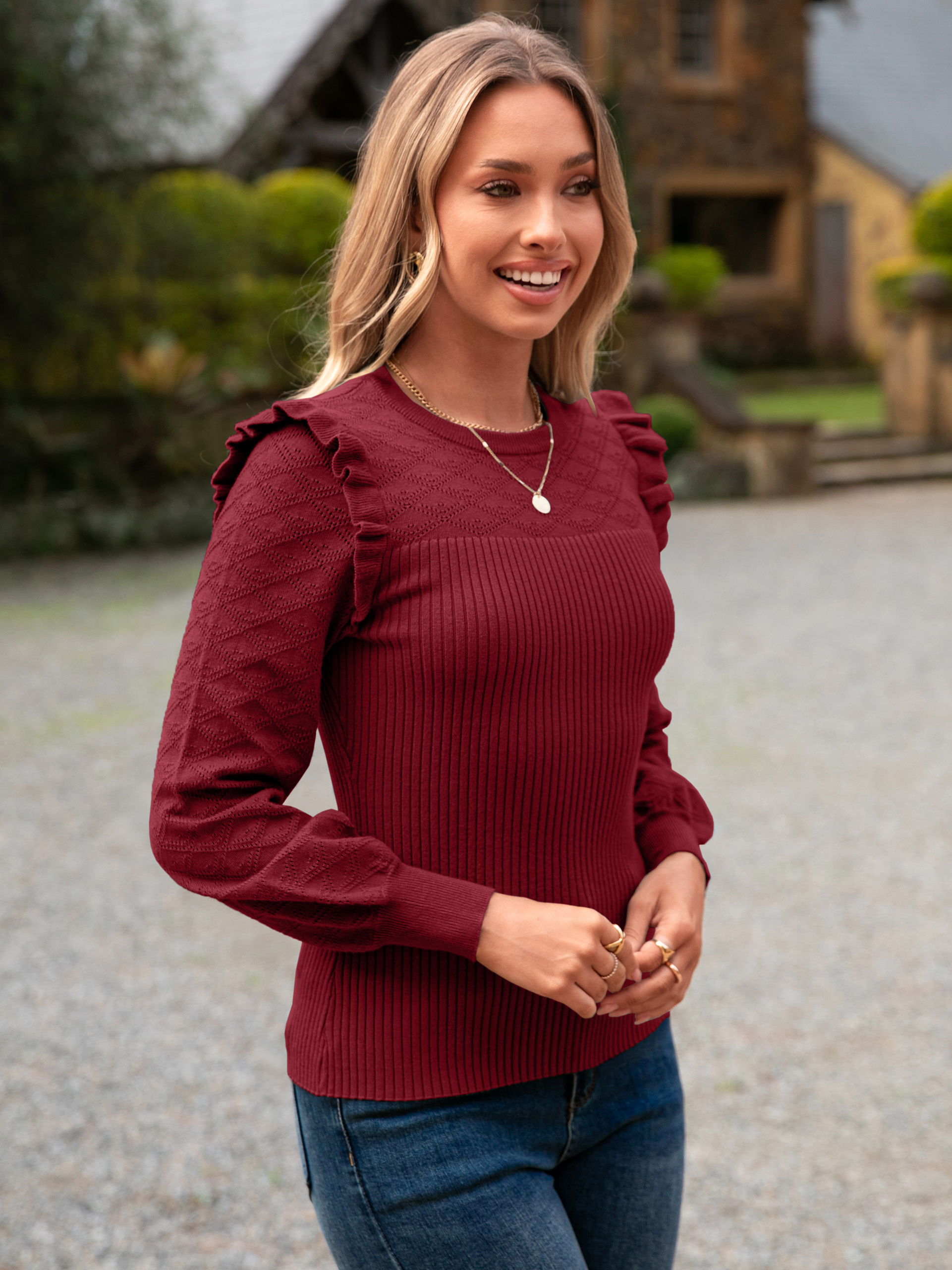 Diamond Knit Ruffle Shoulder Crew Neck Sweater