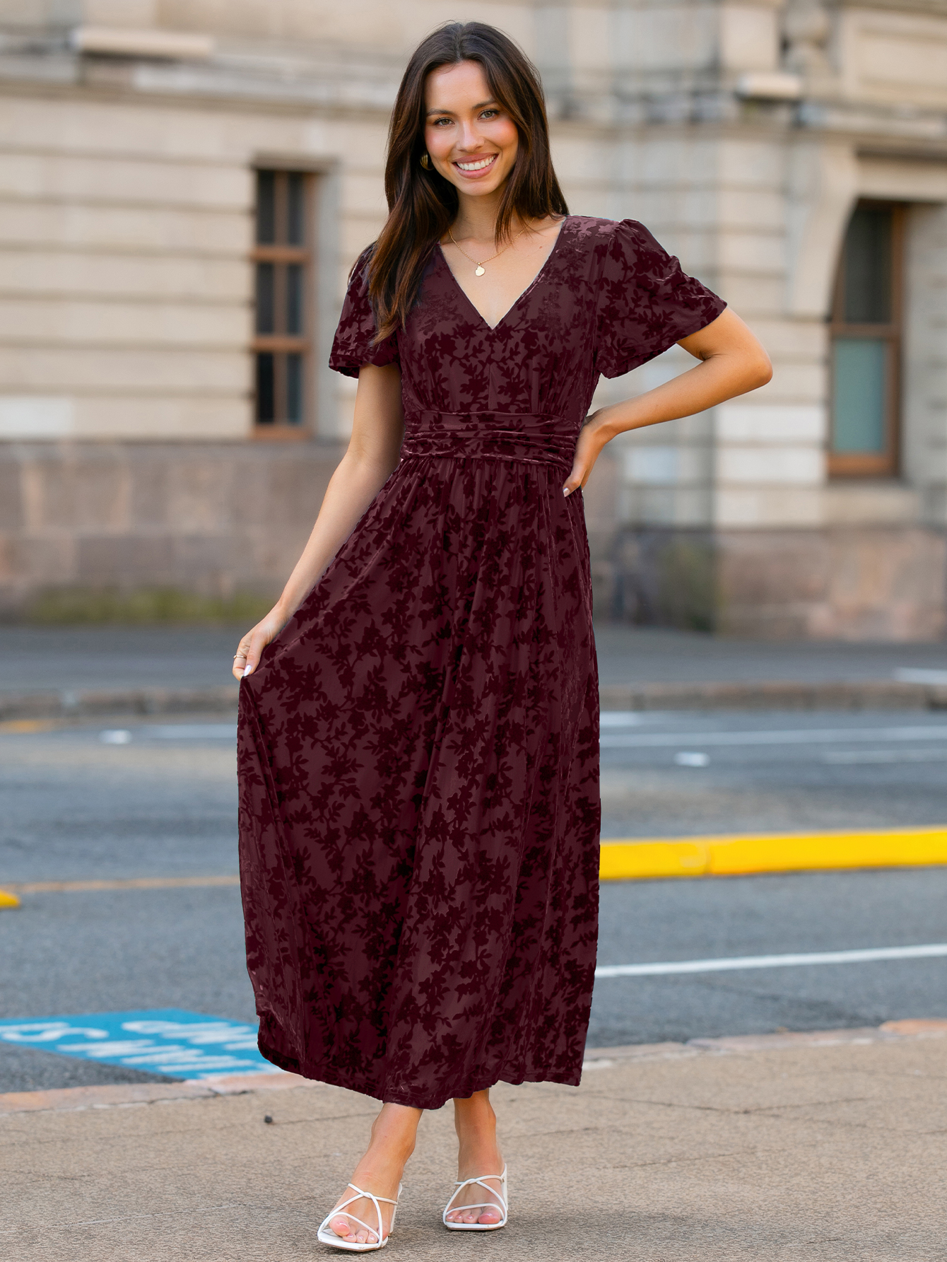 Velvet Floral Slit V-Neck Flutter Sleeve Maxi Dress - Burgundy