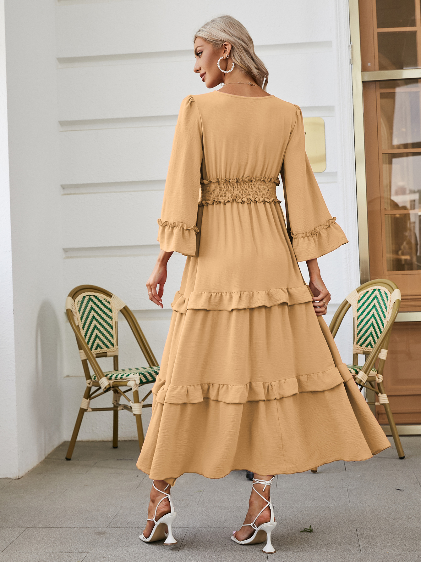 Long Sleeve Tiered Ruffle Smocked Flare Maxi Dress