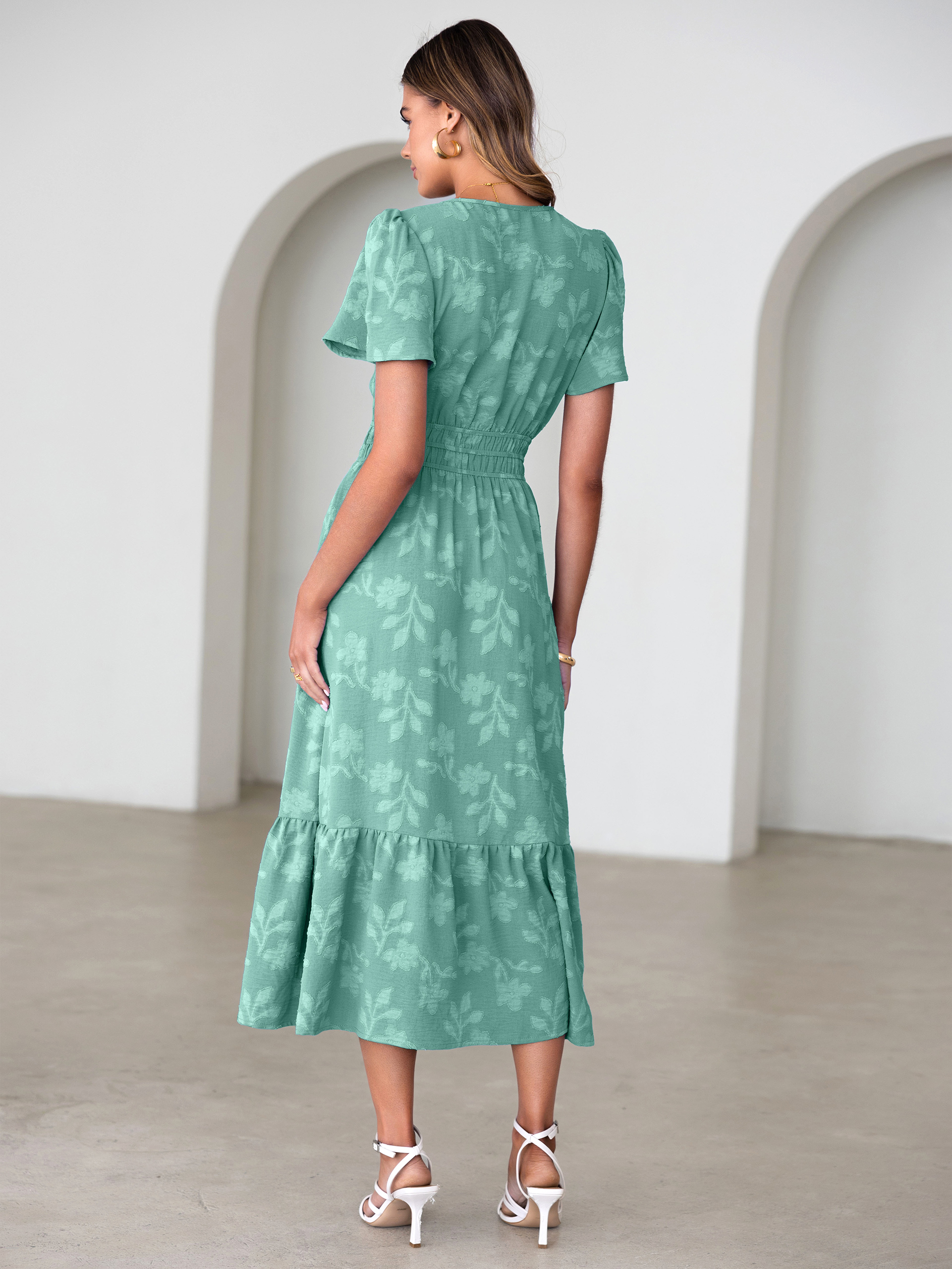 V Neck Burnout Floral Ruffle Maxi Dress