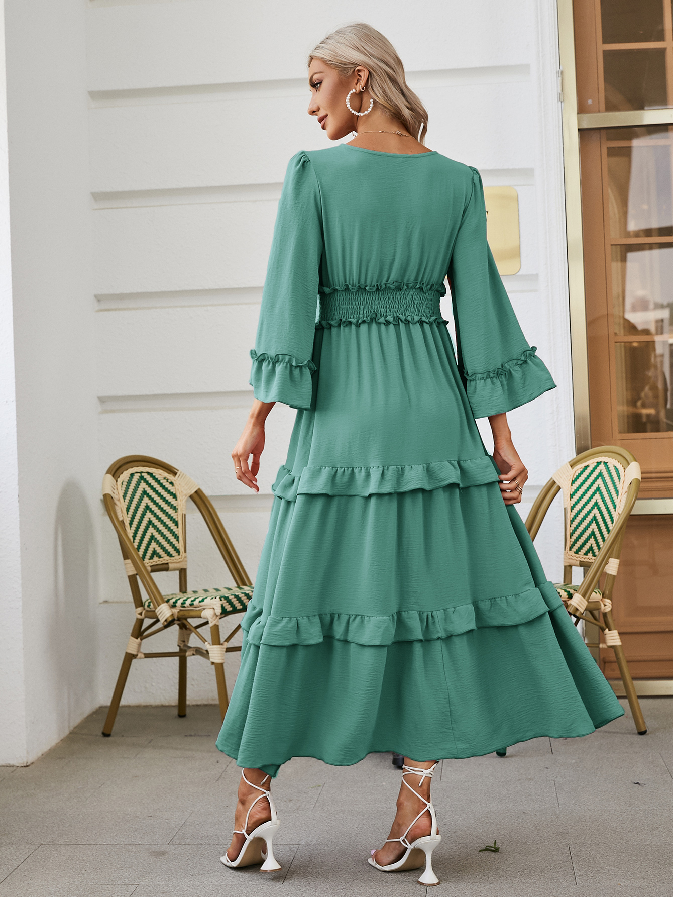 Long Sleeve Tiered Ruffle Smocked Flare Maxi Dress