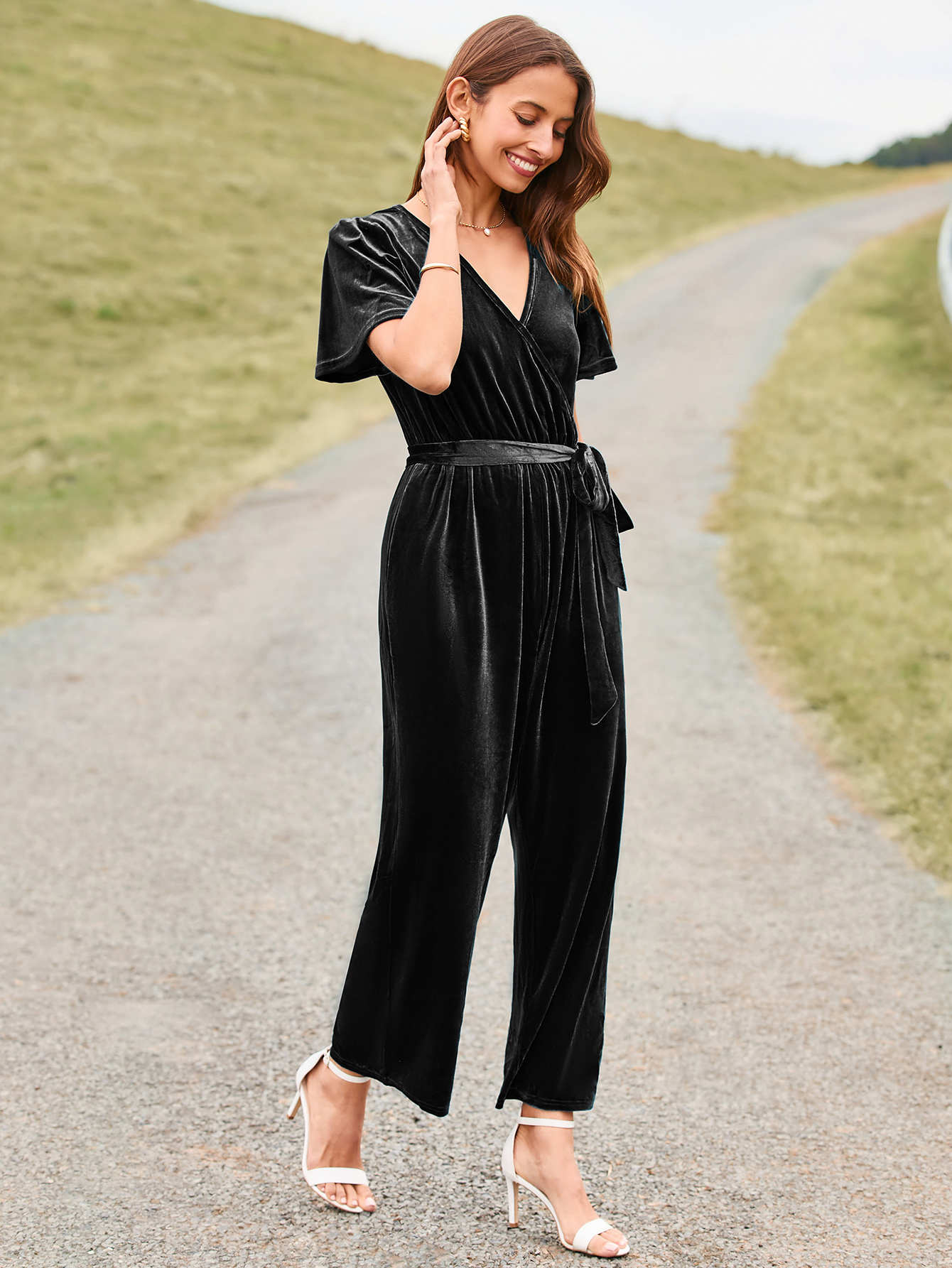 Velvet Short Sleeve Belted Wide Leg Jumpsuit